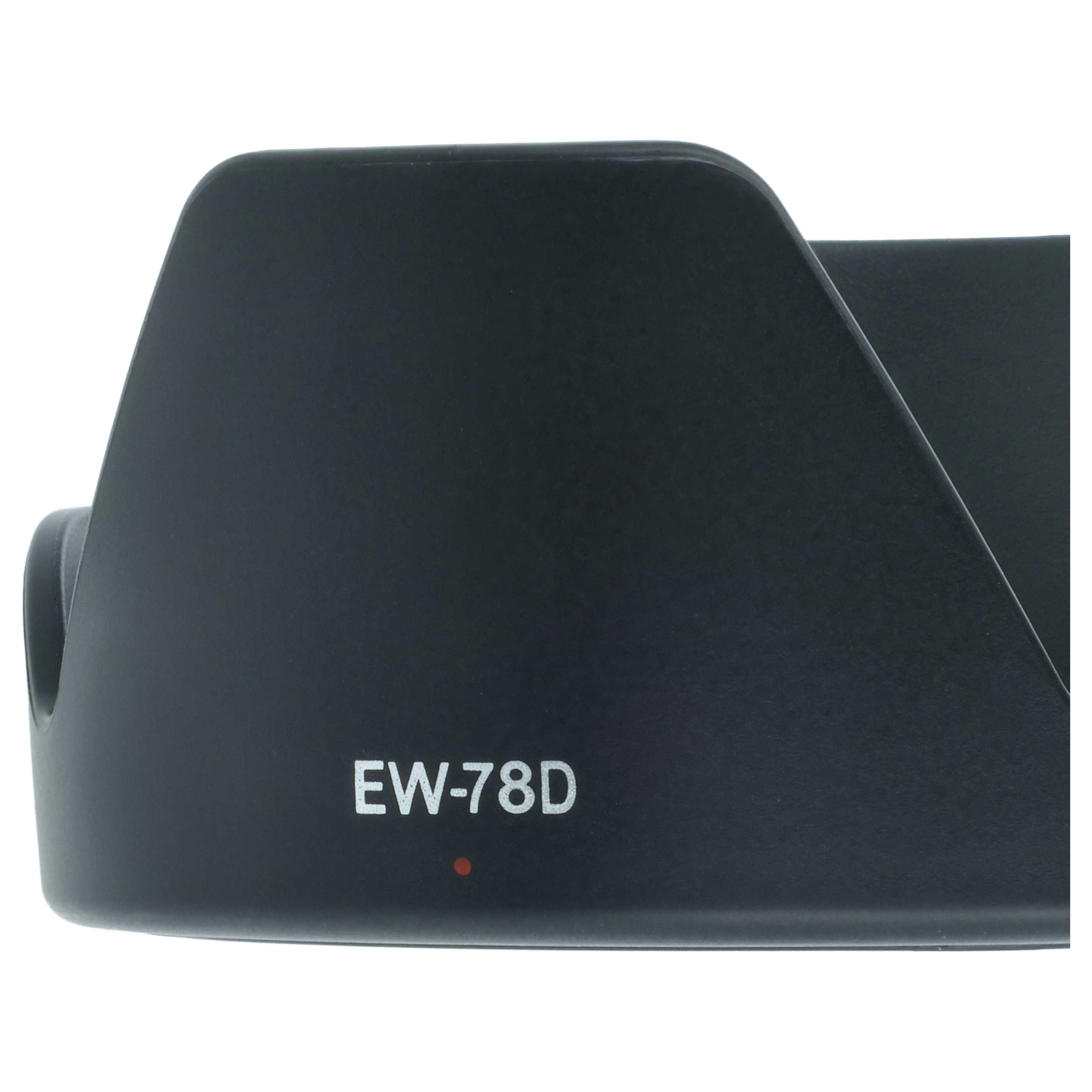 Schwarze Gegenlichtblende mit der Aufschrift EW-78D und einem roten Punkt.