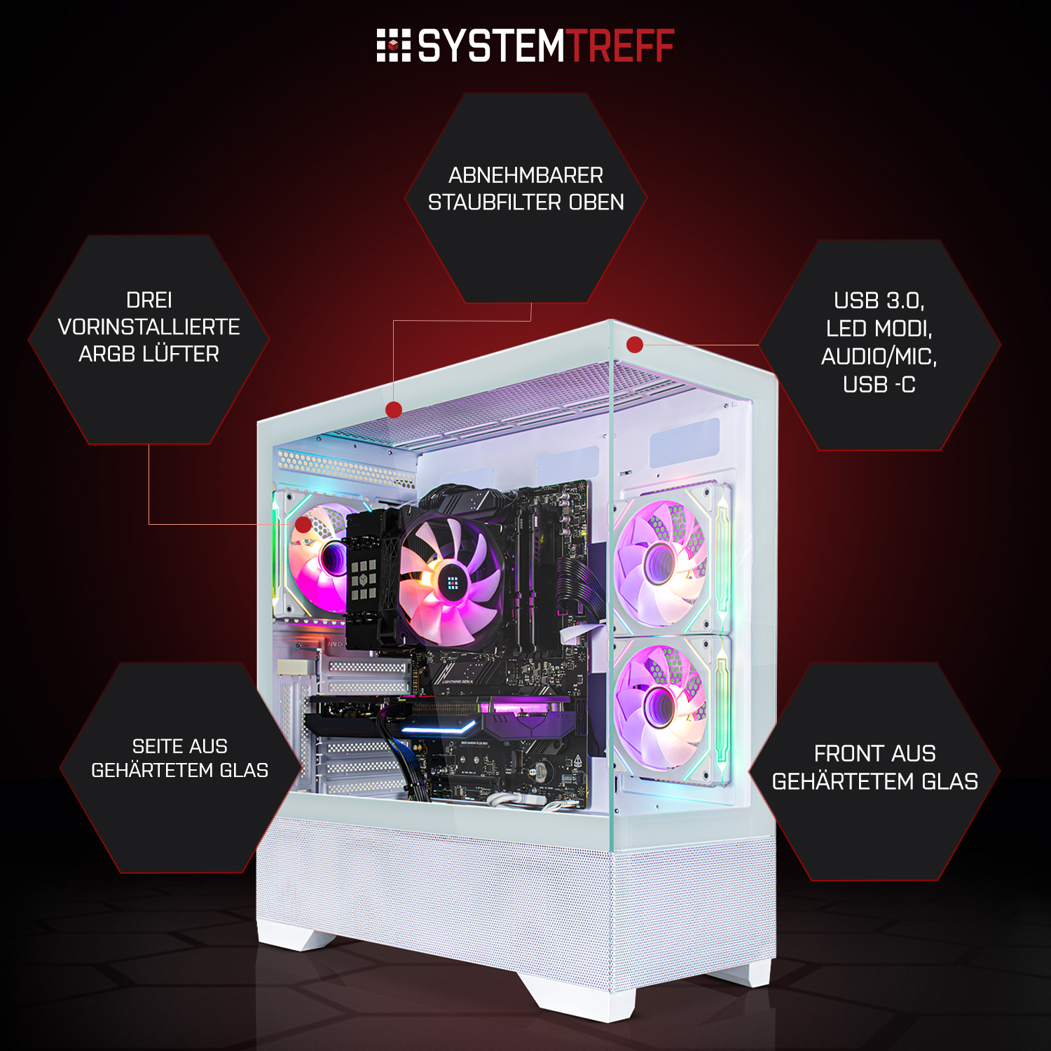 Ein weißer PC-Tower mit RGB-Lüftern, Glasseiten und Beschriftungen.