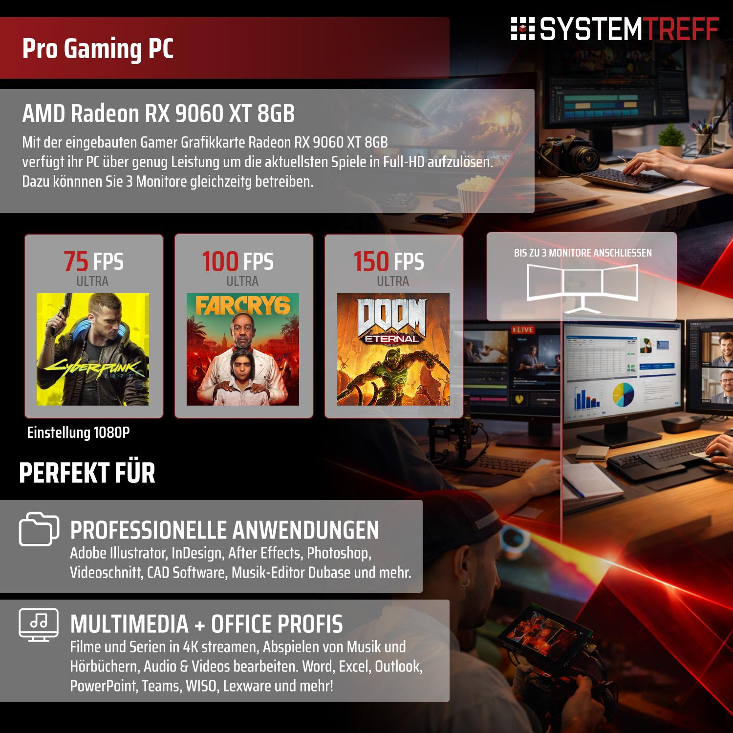 Pro Gaming PC mit AMD Radeon RX 9060 XT 8GB, Grafiken für Spiele und Anwendungen.