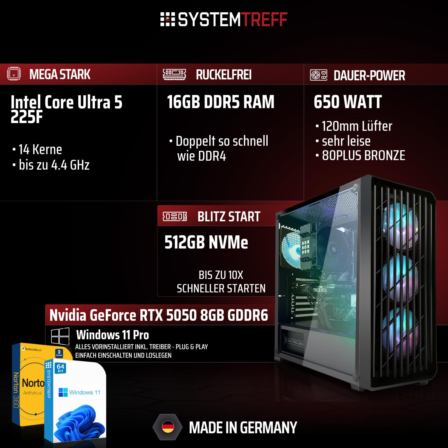 Gaming-PC mit Intel Core Ultra 5, 16GB DDR5, 512GB NVMe, RTX 5050, Windows 11 Pro.