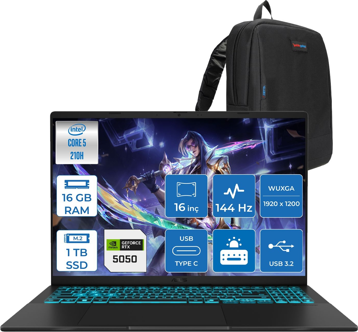 Intel Core 5, 16GB RAM, 1TB SSD, RTX 5050 özellikli dizüstü bilgisayar ve sırt çantası.