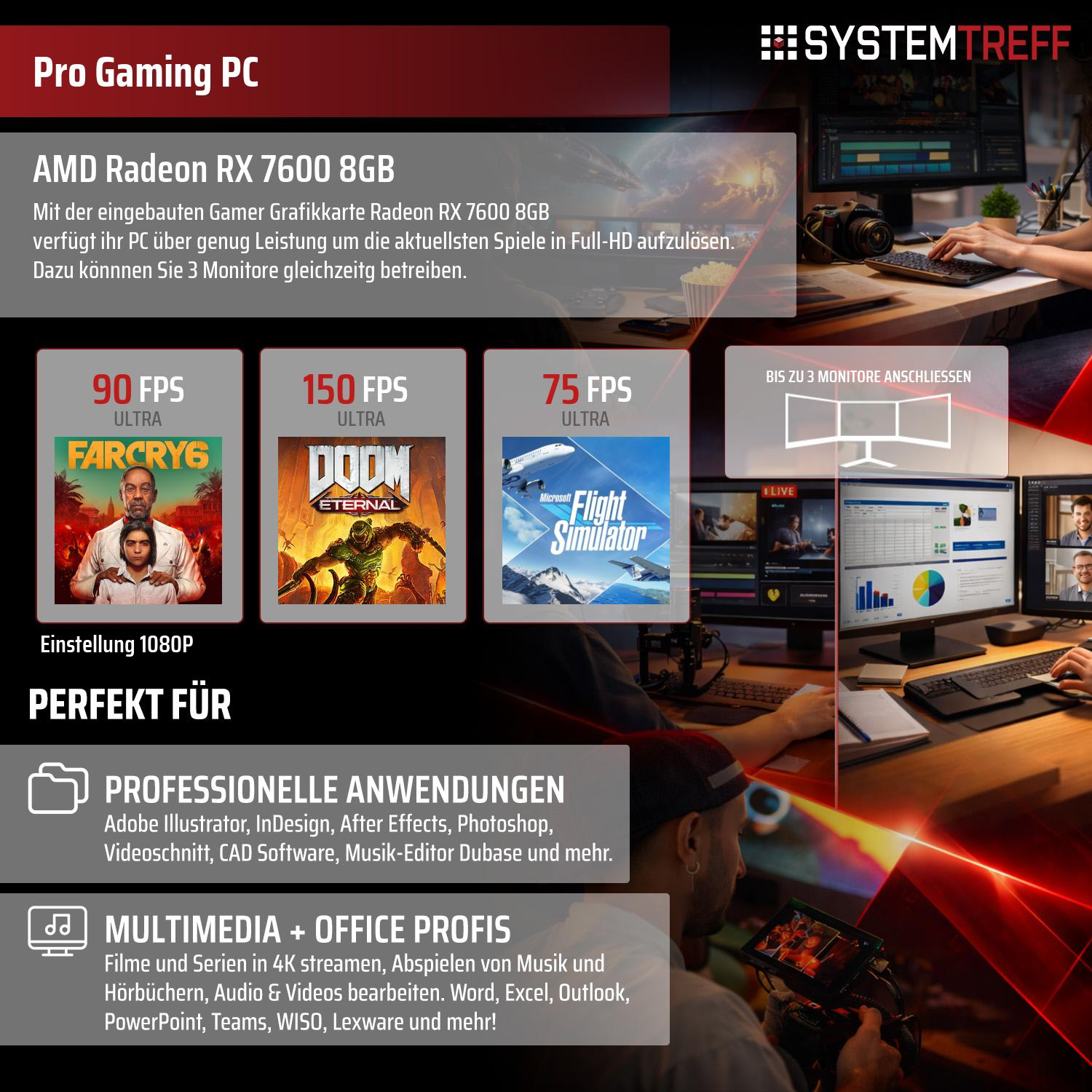 Pro Gaming PC mit AMD Radeon RX 7600 8GB Grafikkarte. Unterstützt 3 Monitore.