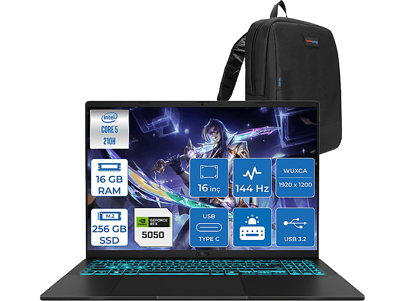 ASUS Vivobook 16 V3607VH RTX5050 8GB 1920x1200 144HZS RP075F01 Intel Core 5 210H 16 GB RAM 256 GB SSD 16 inç FreeDOS Laptop+Çanta Siyah
