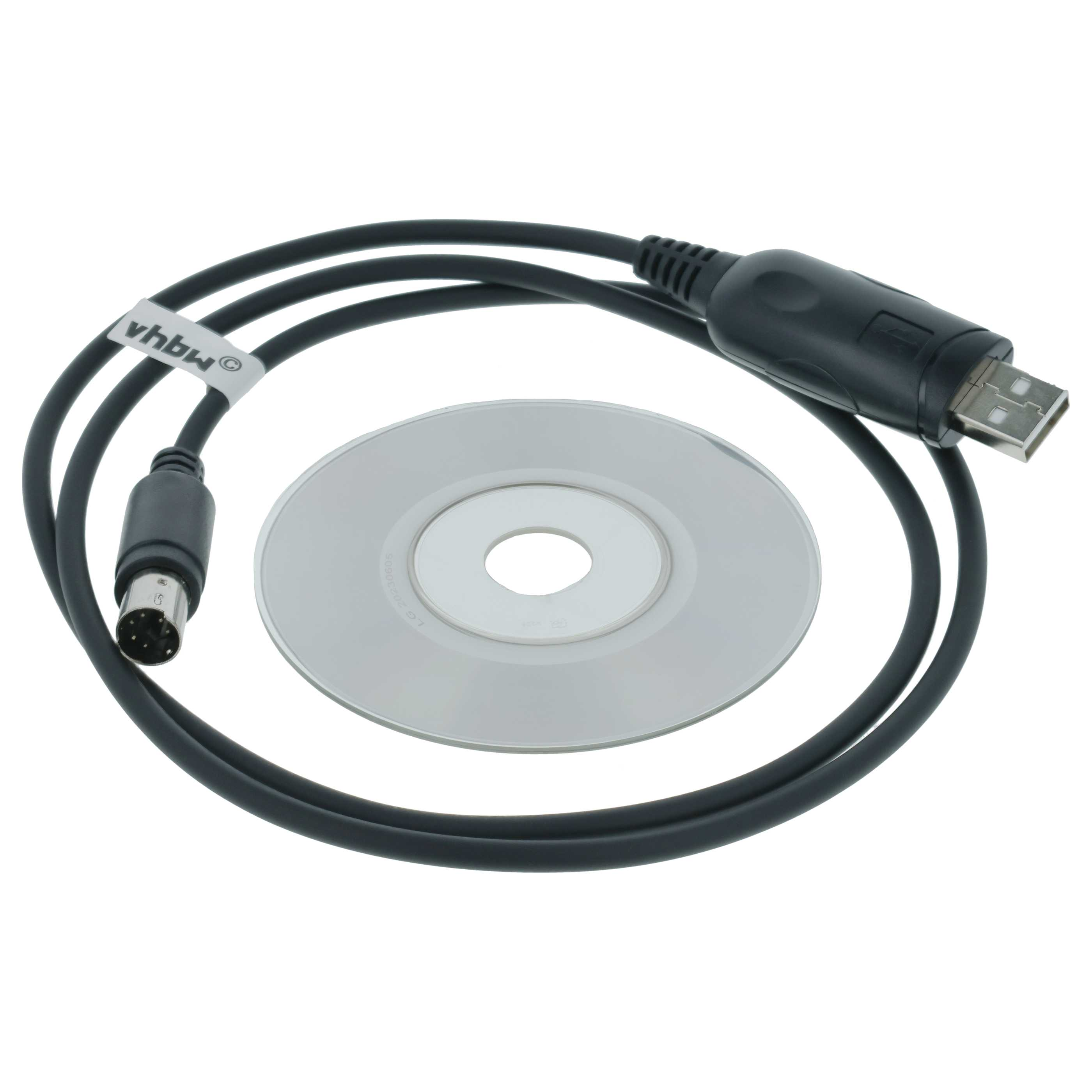 Ein schwarzes USB-Kabel mit einem 6-Pin-Mini-DIN-Stecker und einer CD.