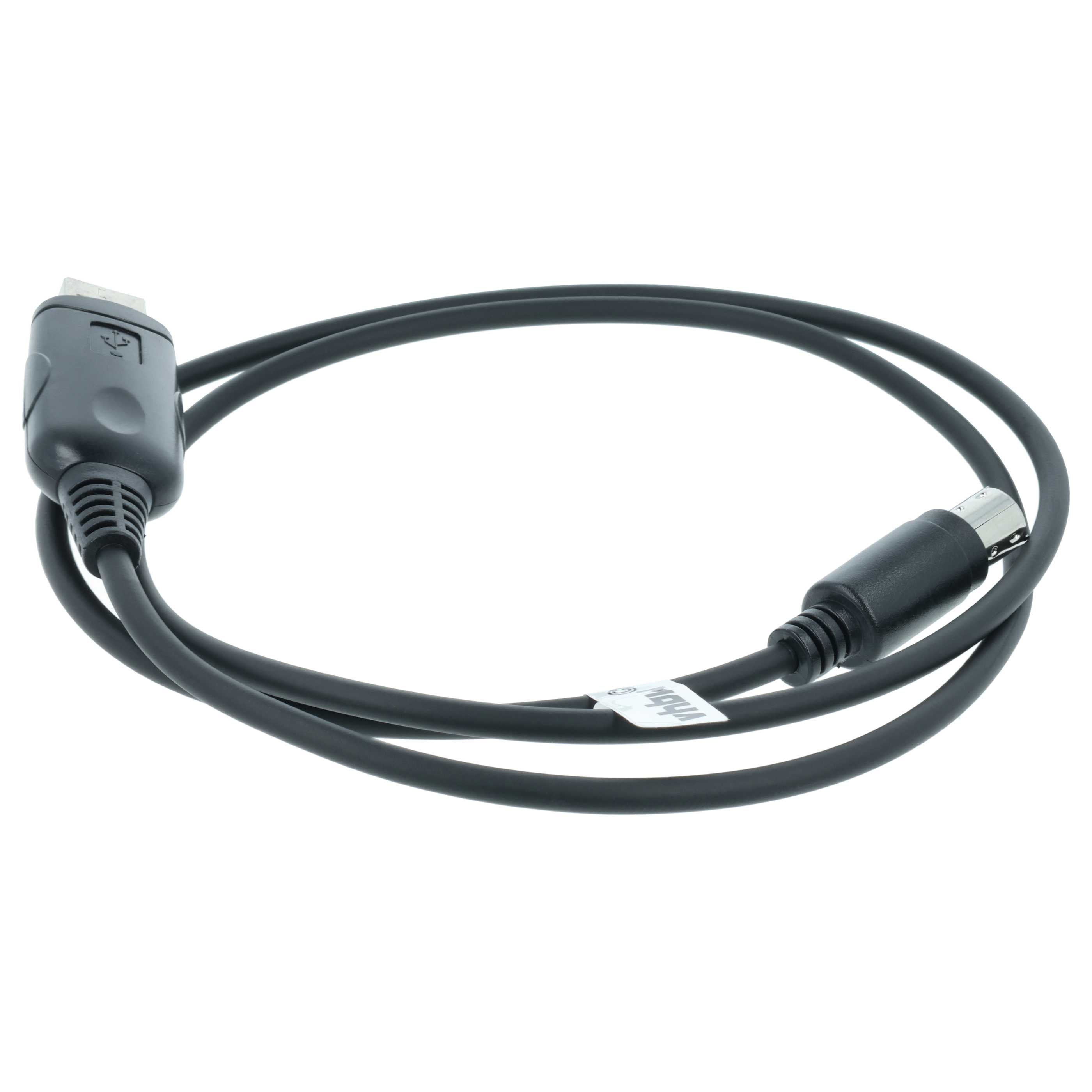 Ein schwarzes USB-Kabel mit einem USB-A-Stecker und einem 5-poligen Mini-DIN-Stecker.