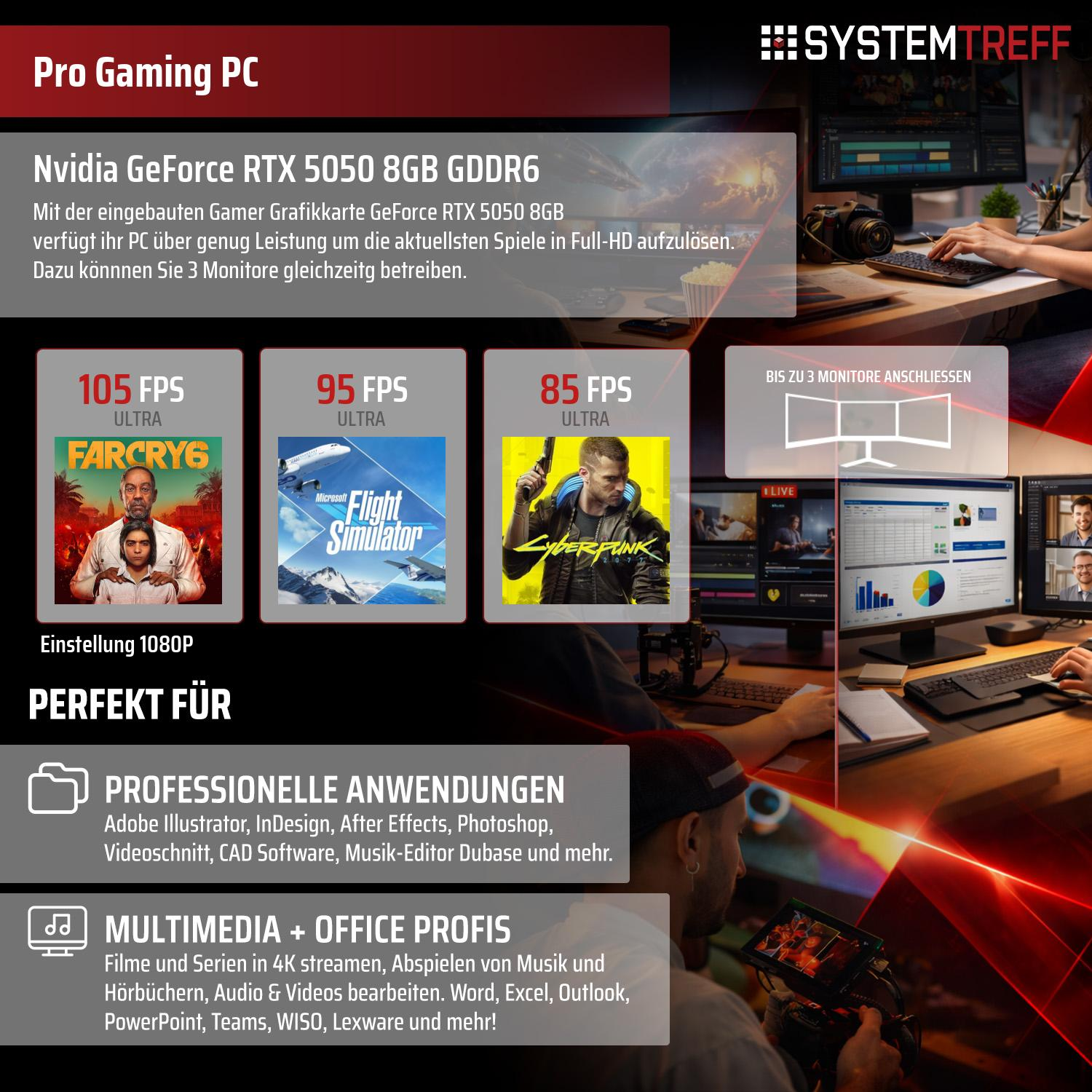 Gaming PC mit RTX 5050, 8GB GDDR6. Zeigt Spiele-Benchmarks & Anwendungen.