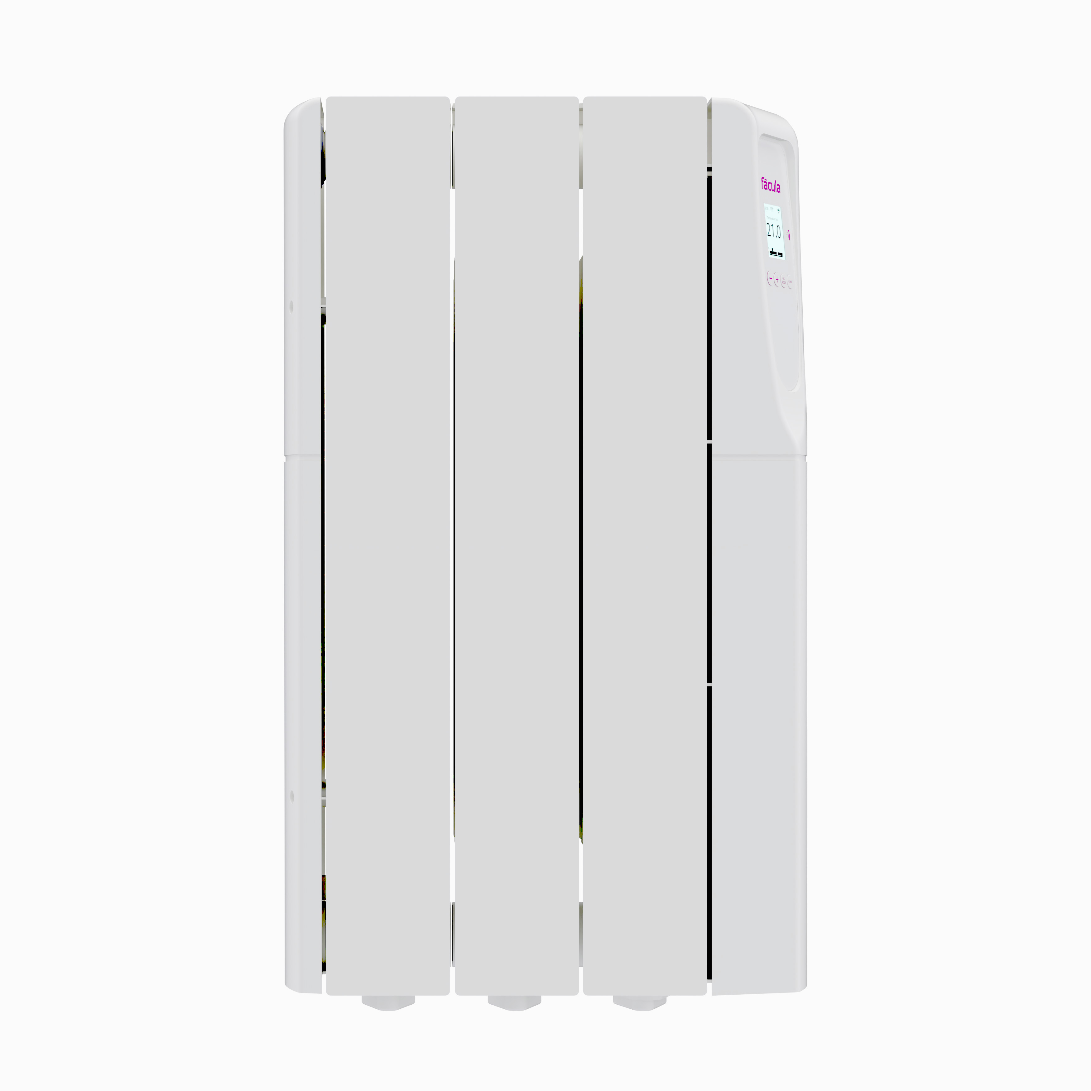 Un radiador blanco con aletas verticales y una pantalla digital.