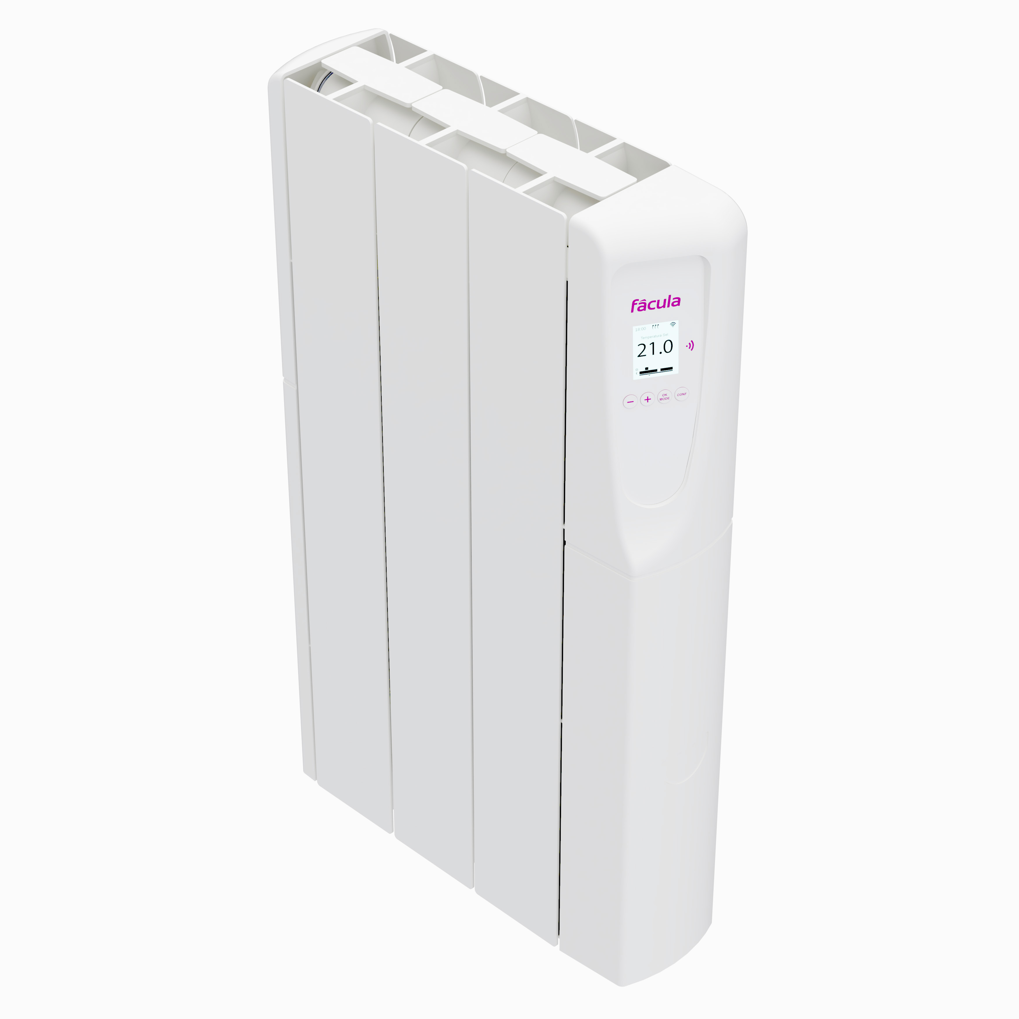 Un radiador blanco con pantalla digital y botones de control.