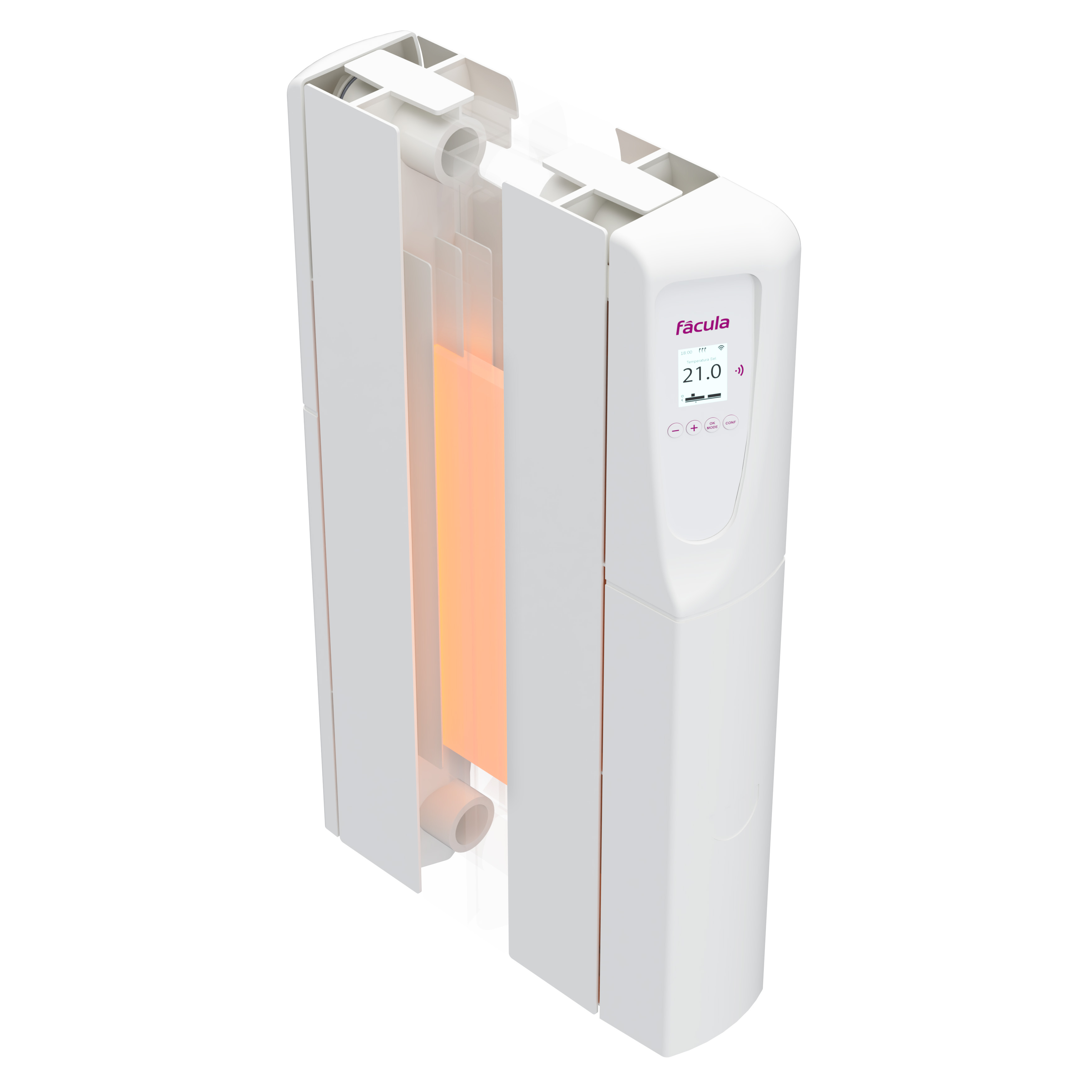 Un radiador blanco con un elemento calefactor naranja iluminado y pantalla digital.