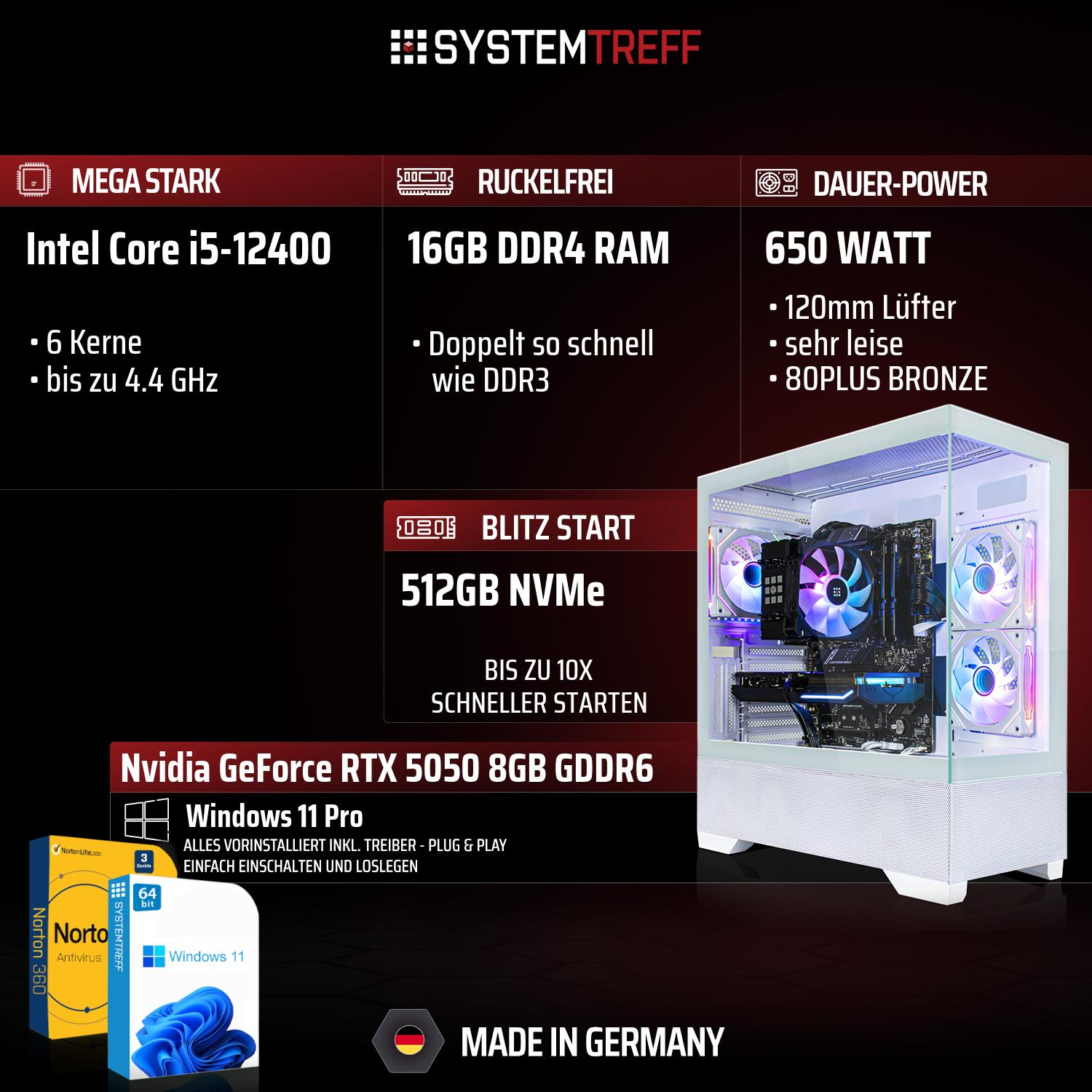PC-Komponenten: Intel i5, 16GB DDR4 RAM, 512GB NVMe, RTX 5050, Windows 11 Pro.