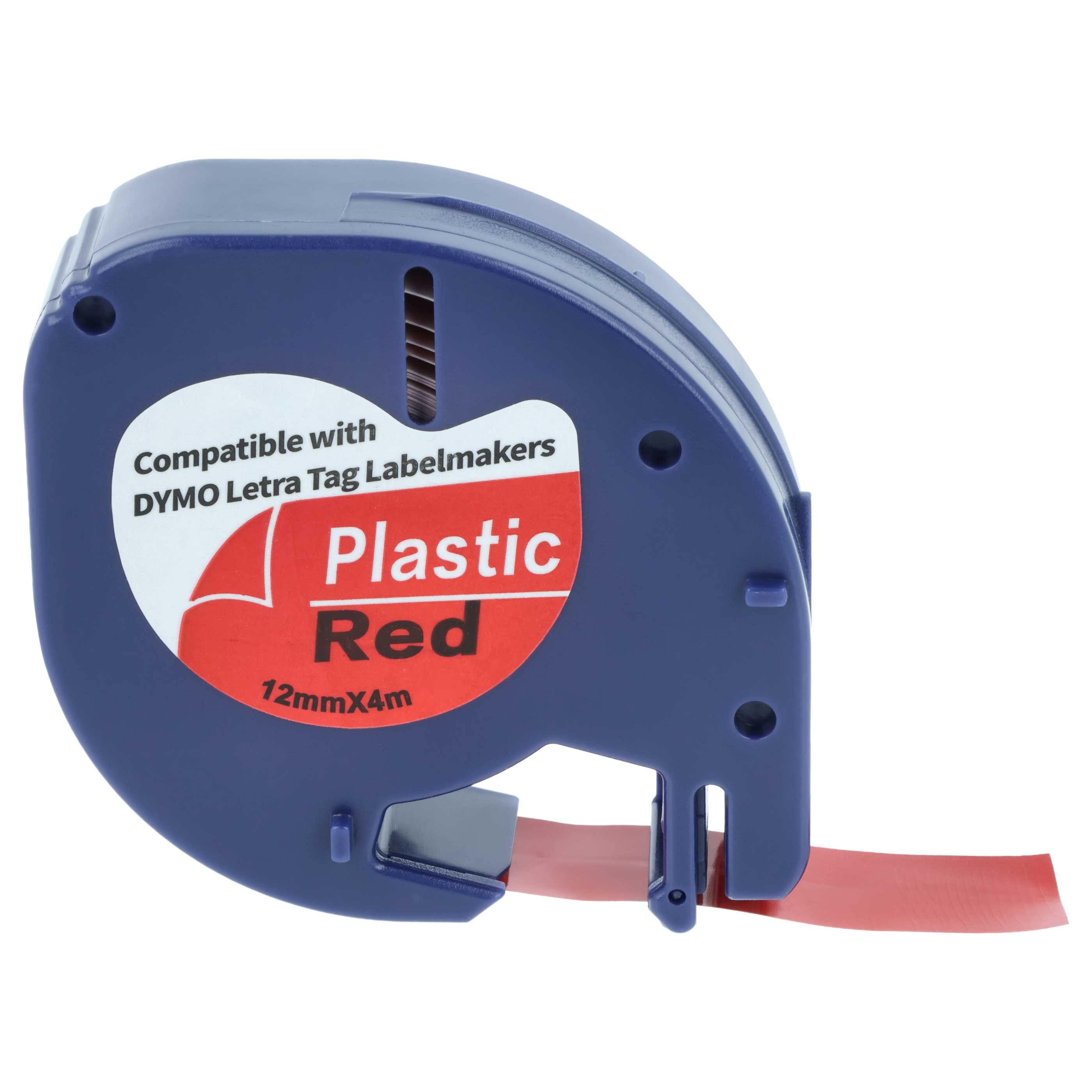 Blaue DYMO LetraTag-Kassette mit rotem Plastikband, 12mm x 4m.