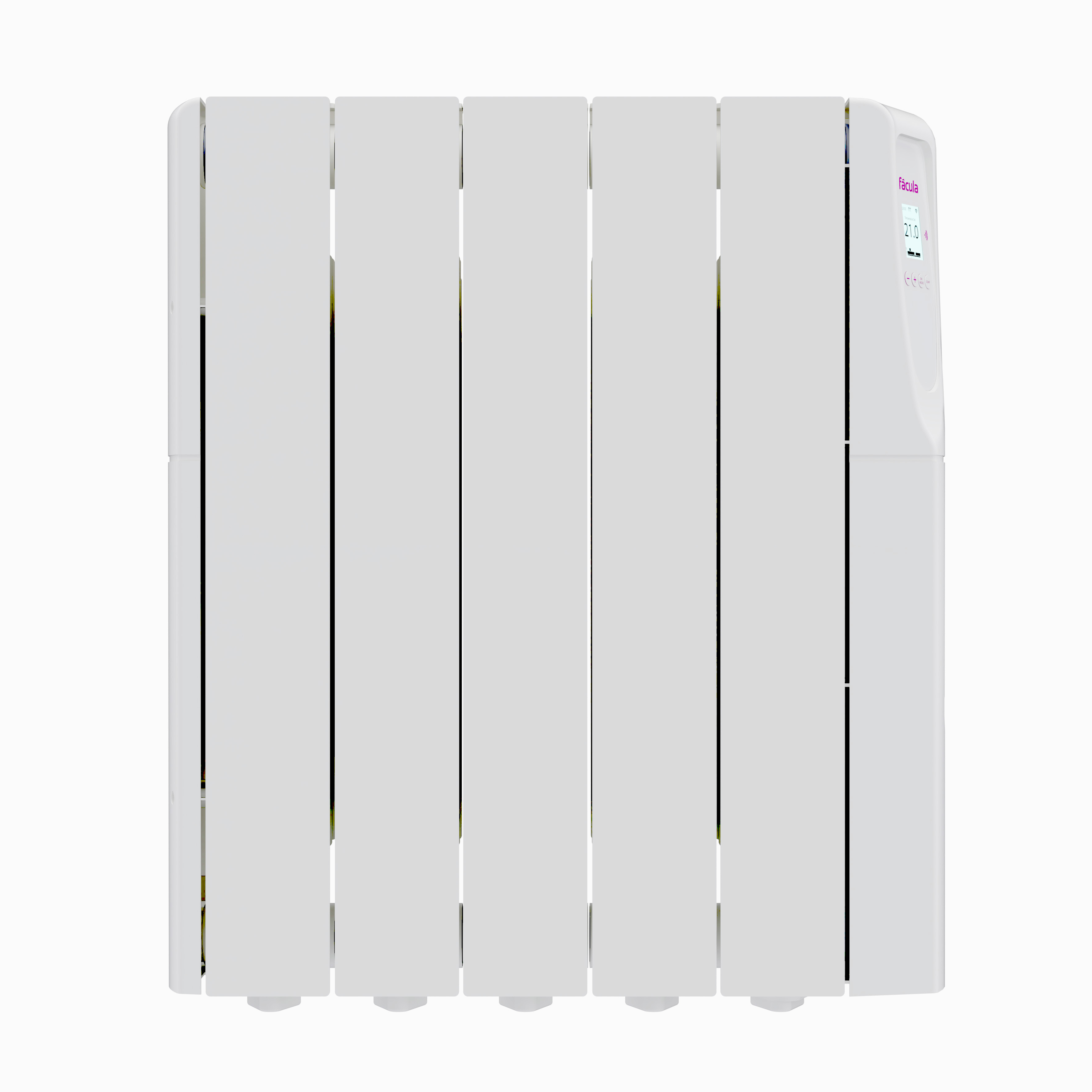Un radiador blanco con aletas verticales y pantalla digital.