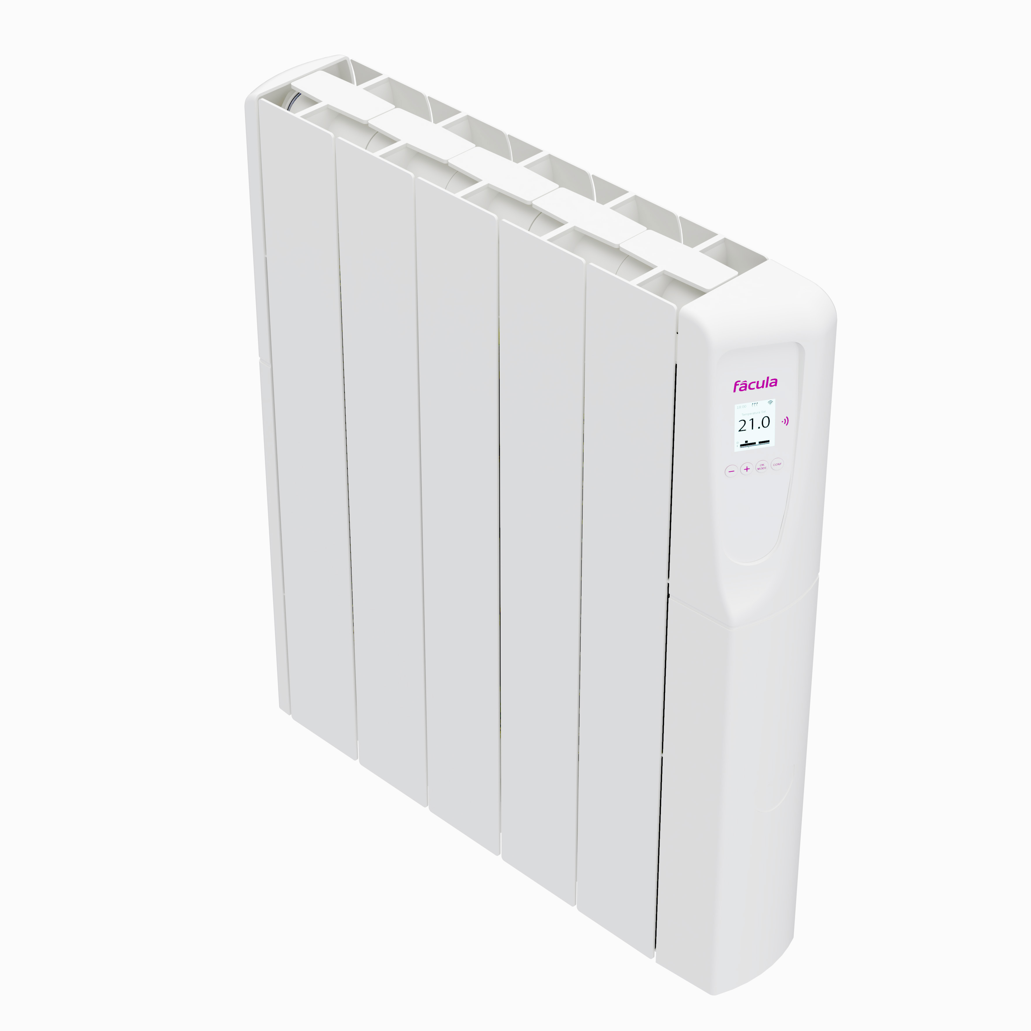 Un radiador digital blanco muestra 21.0 grados en su pantalla.