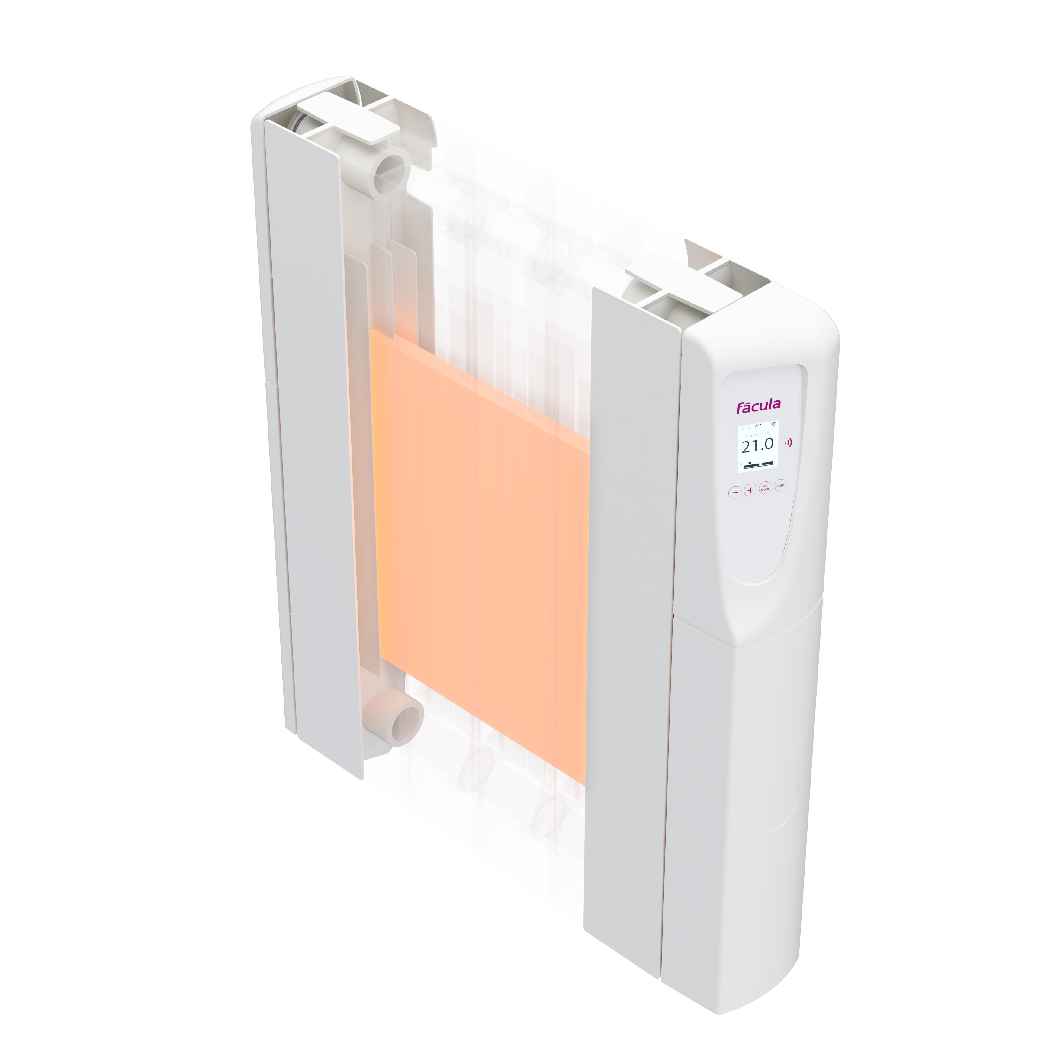 Un radiador blanco con elemento calefactor naranja y pantalla digital.