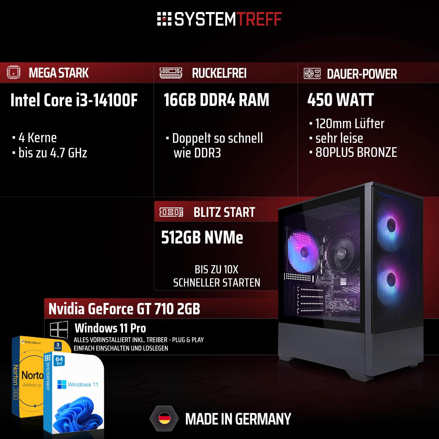 Ein PC mit Intel Core i3, 16GB RAM, 512GB NVMe SSD und Nvidia GT 710.