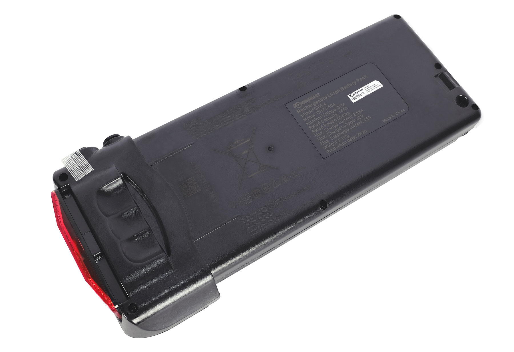Schwarzer Lithium-Ionen-Akku mit rotem Rücklicht und technischen Daten.