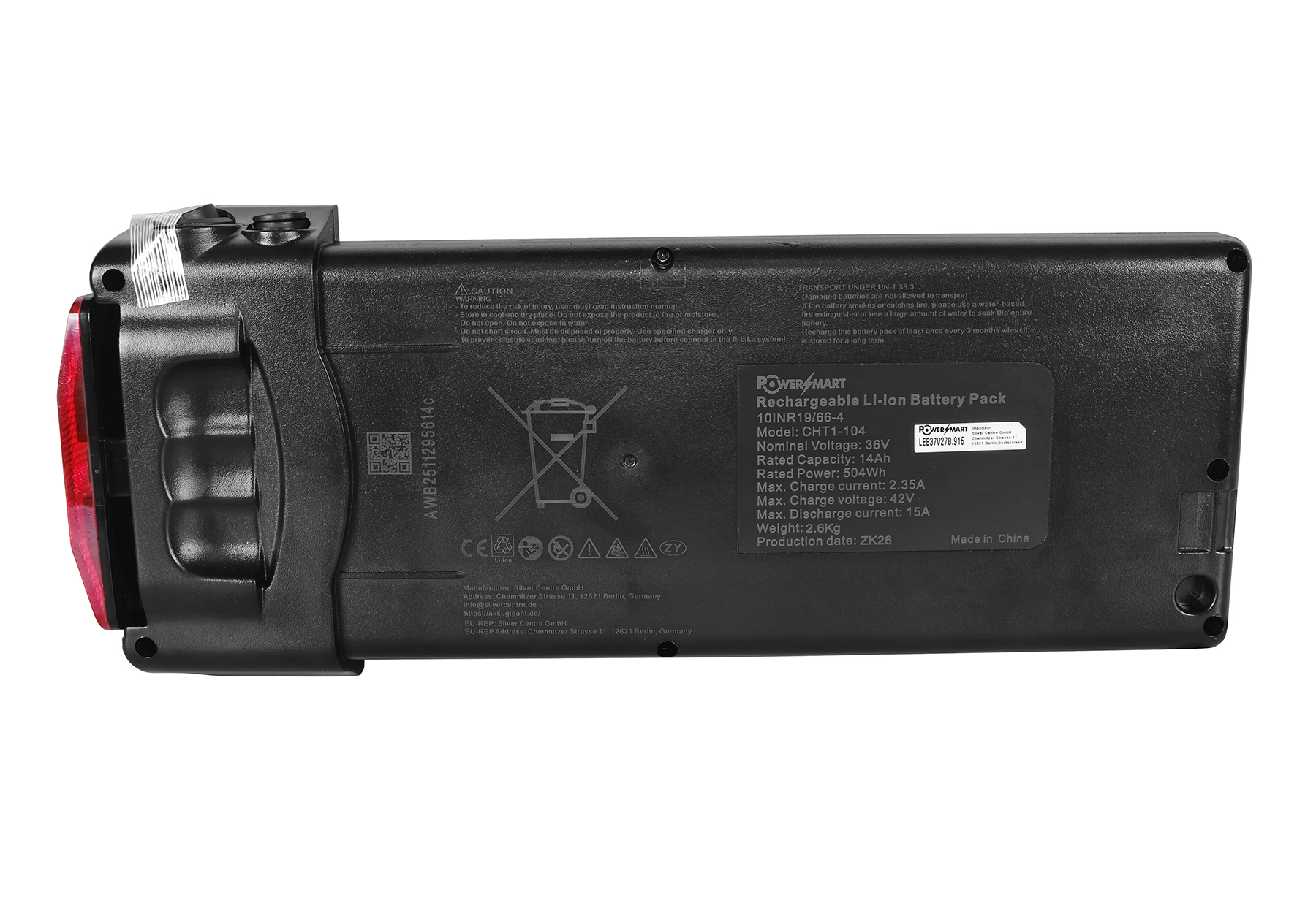 Schwarzer Lithium-Ionen-Akku mit roten Rücklicht und Aufklebern.