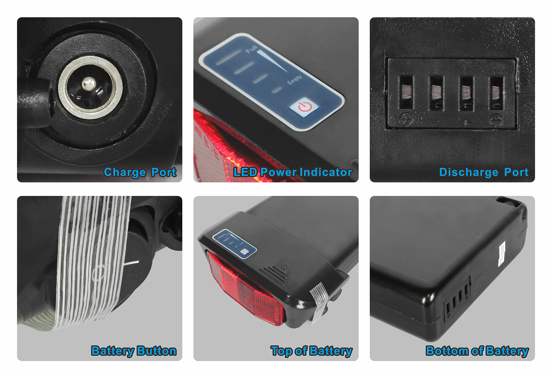 Nahaufnahme eines Ladeanschlusses, LED-Anzeige, Entladeanschluss, Batterieknopf, Ober- und Unterseite der Batterie.
