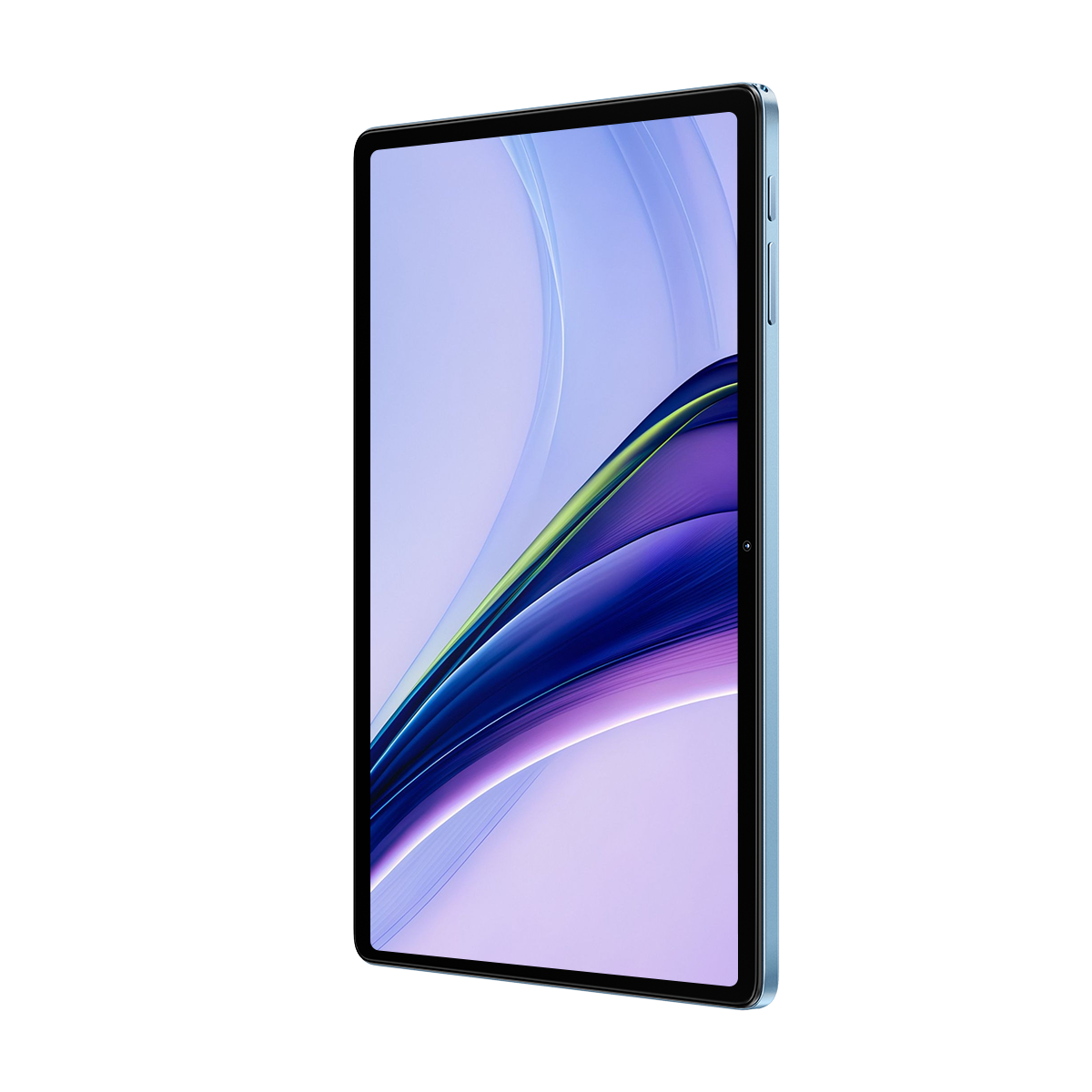Una tableta azul con un fondo abstracto morado y verde en la pantalla.