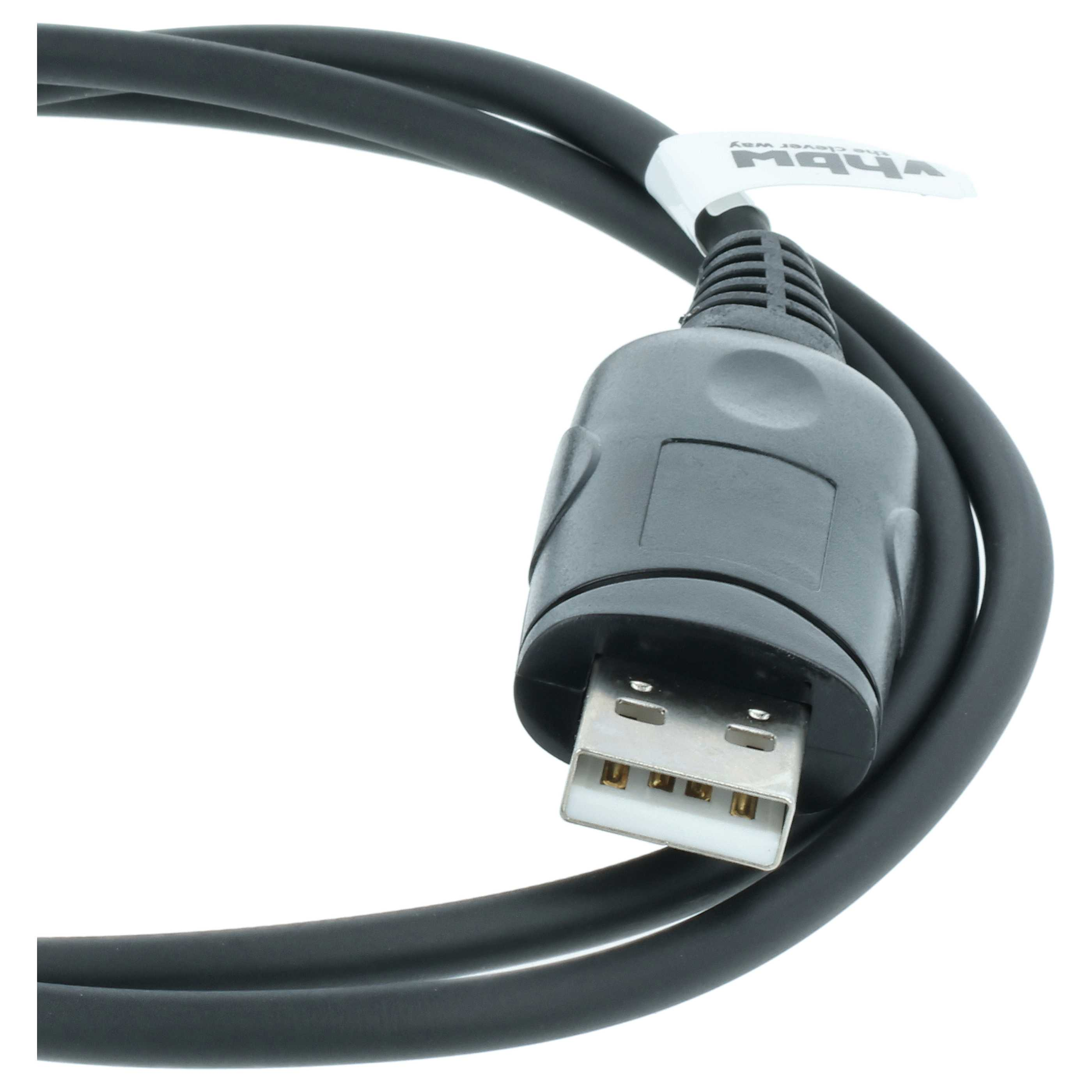 Ein schwarzes USB-Kabel mit einem Stecker und einem weißen Etikett.