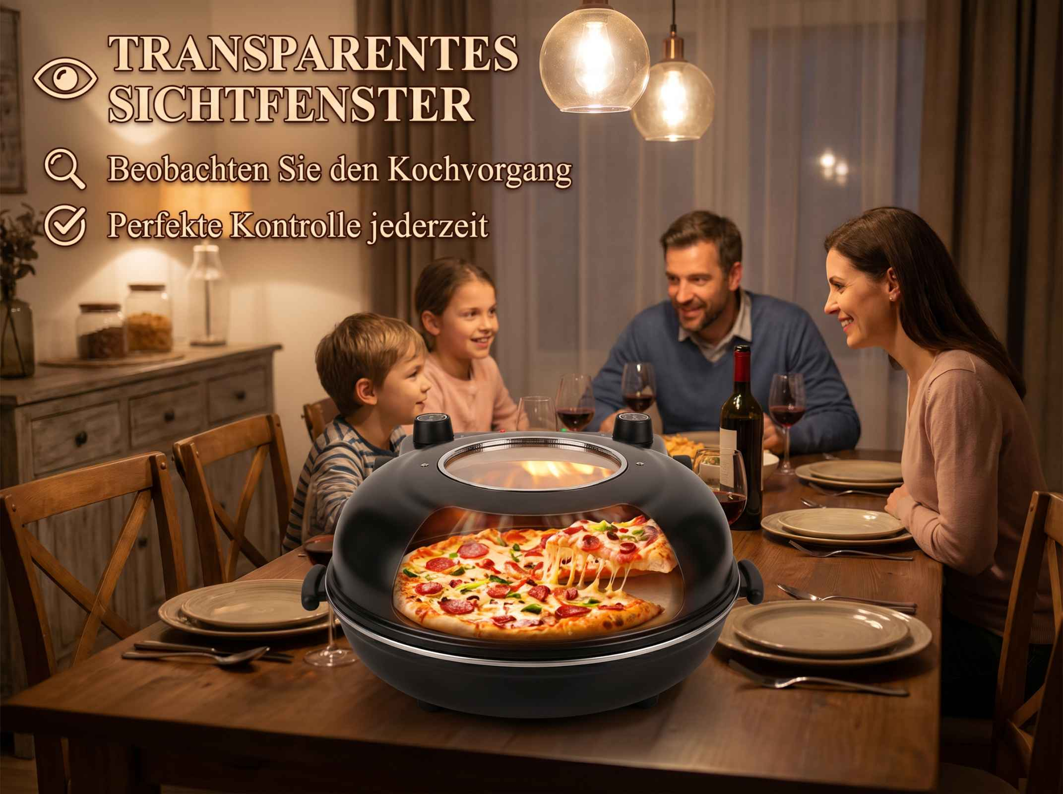 Familie isst Pizza aus Ofen. Mann, Frau, zwei Kinder am Tisch.