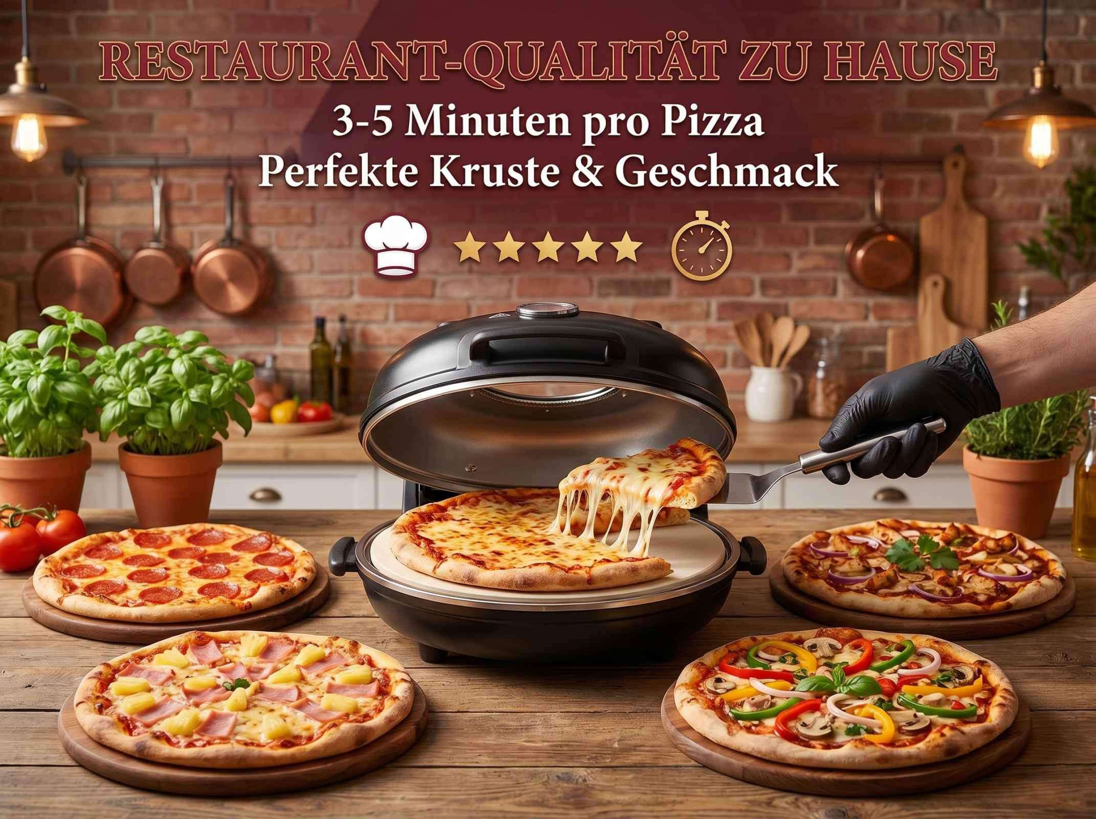 Ein Pizzaofen mit vier Pizzen: eine mit Peperoni, eine mit Ananas und Schinken, eine mit Hähnchen und Zwiebeln und eine Margherita.