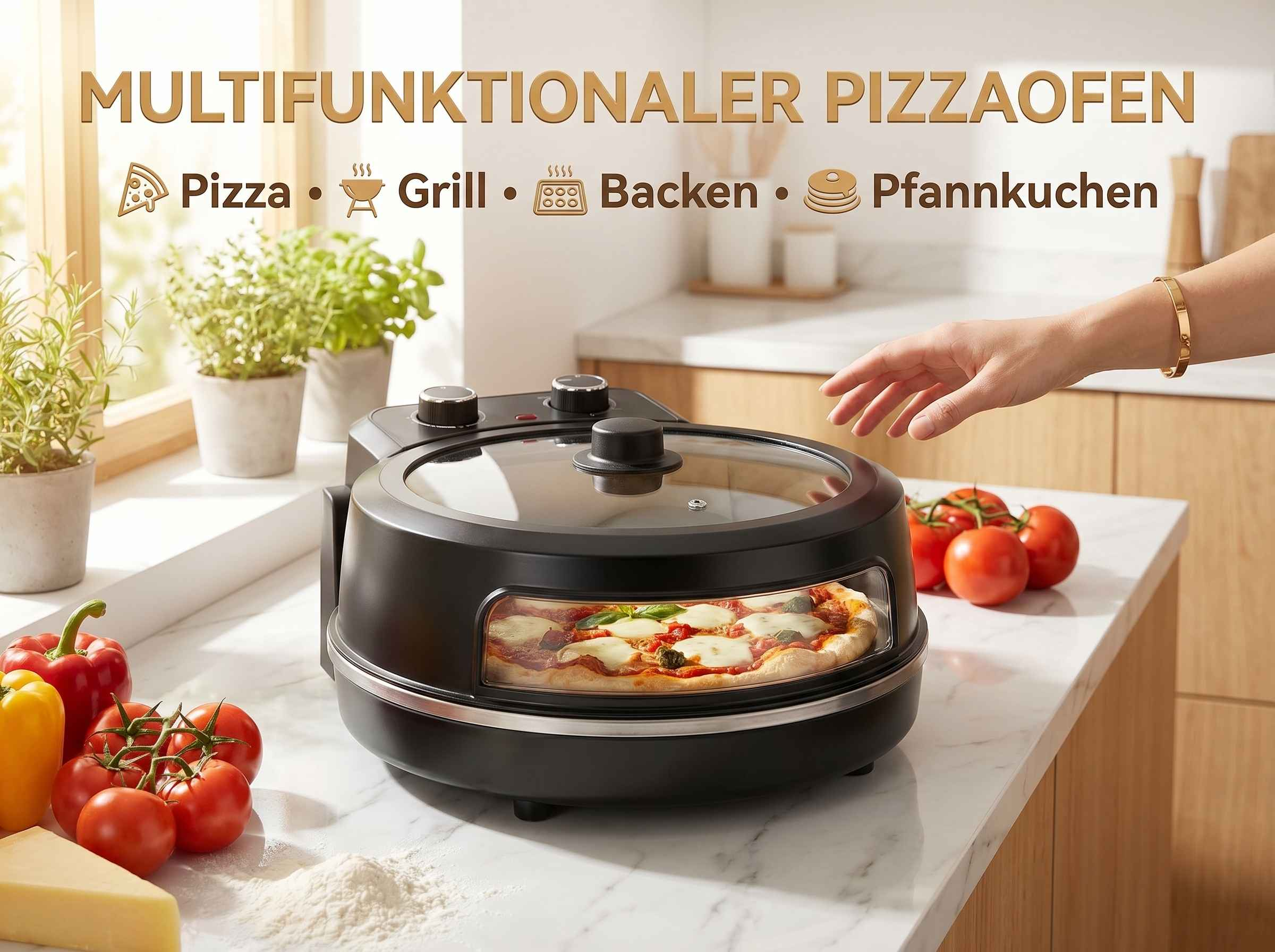 Ein Pizzaofen mit einem Pizzabild und Text. Eine Hand greift zum Ofen.