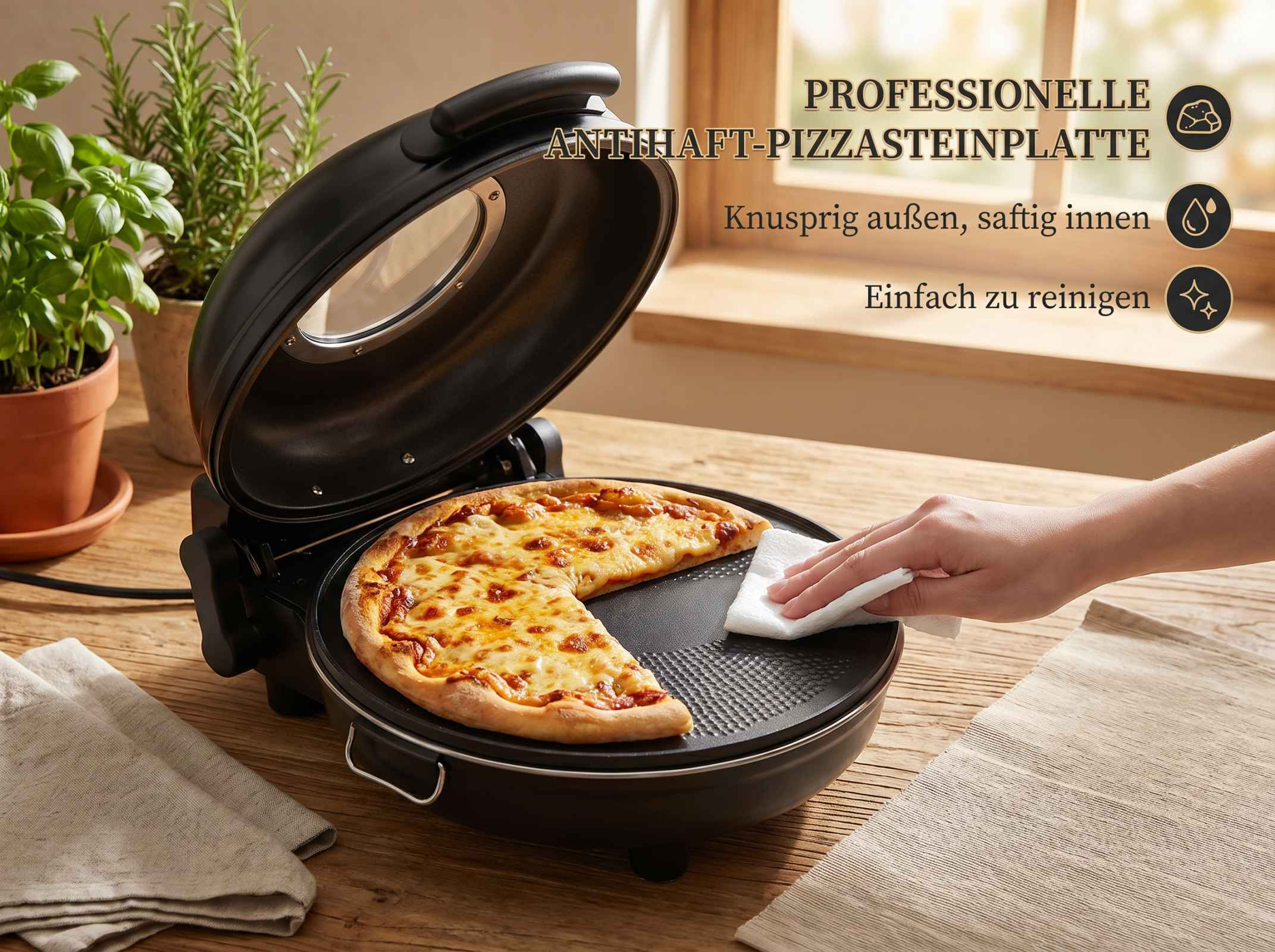 Ein offener Pizzabäcker mit einer fast fertigen Pizza und einer Hand, die die Platte wischt.