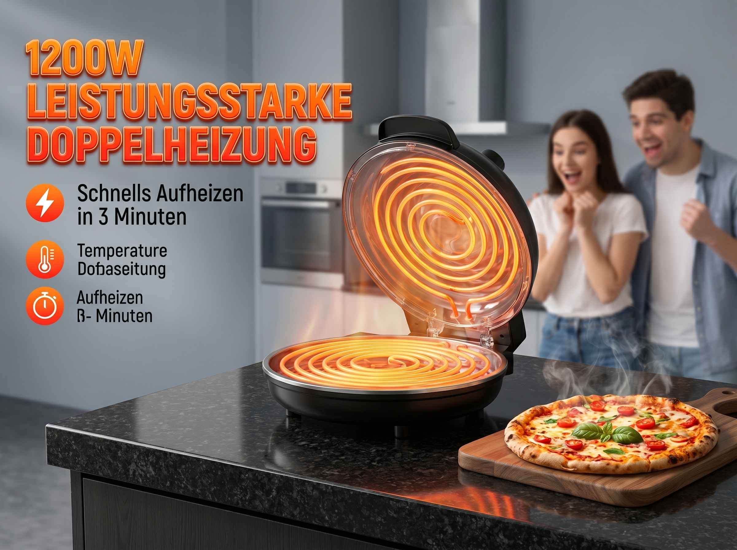 Ein leistungsstarker 1200W-Ofen mit Doppelheizung, der schnell aufheizt. Daneben eine Pizza.