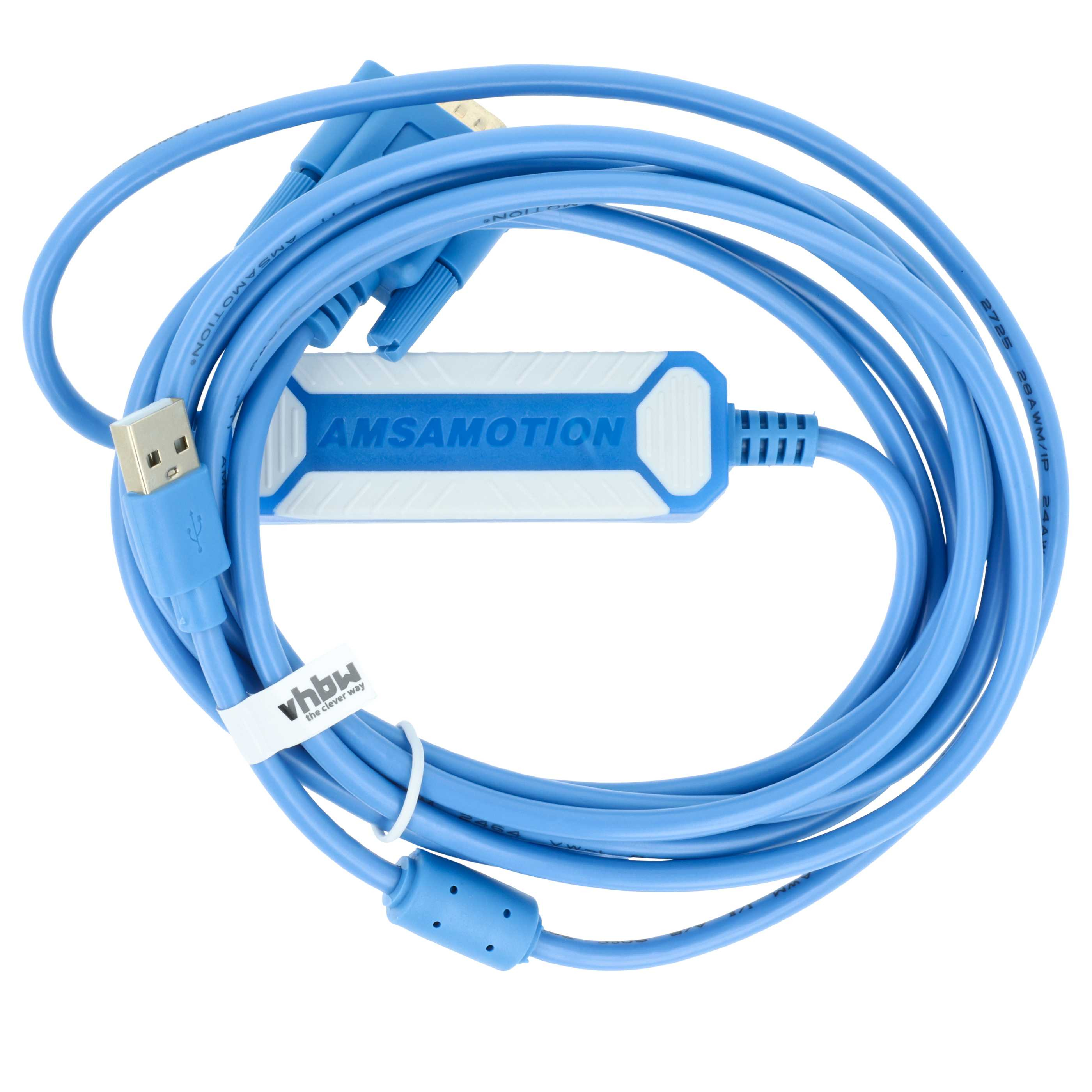 Ein aufgerolltes blaues USB-Kabel mit einem weiß-blauen Inline-Adapter mit der Aufschrift AMSAMOTION.