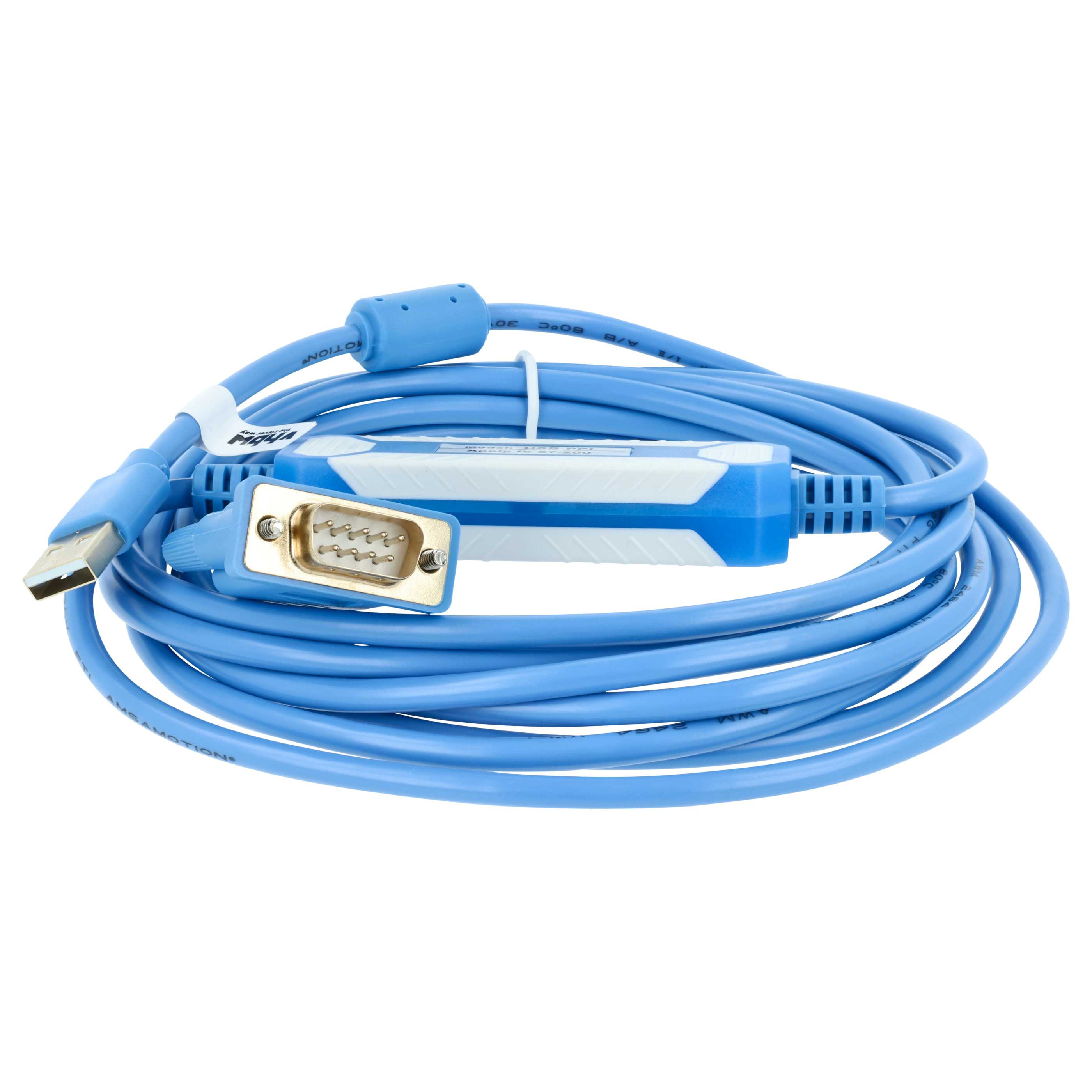Ein blaues Kabel mit USB-A- und 9-poligem Stecker und einem weißen Gehäuse.