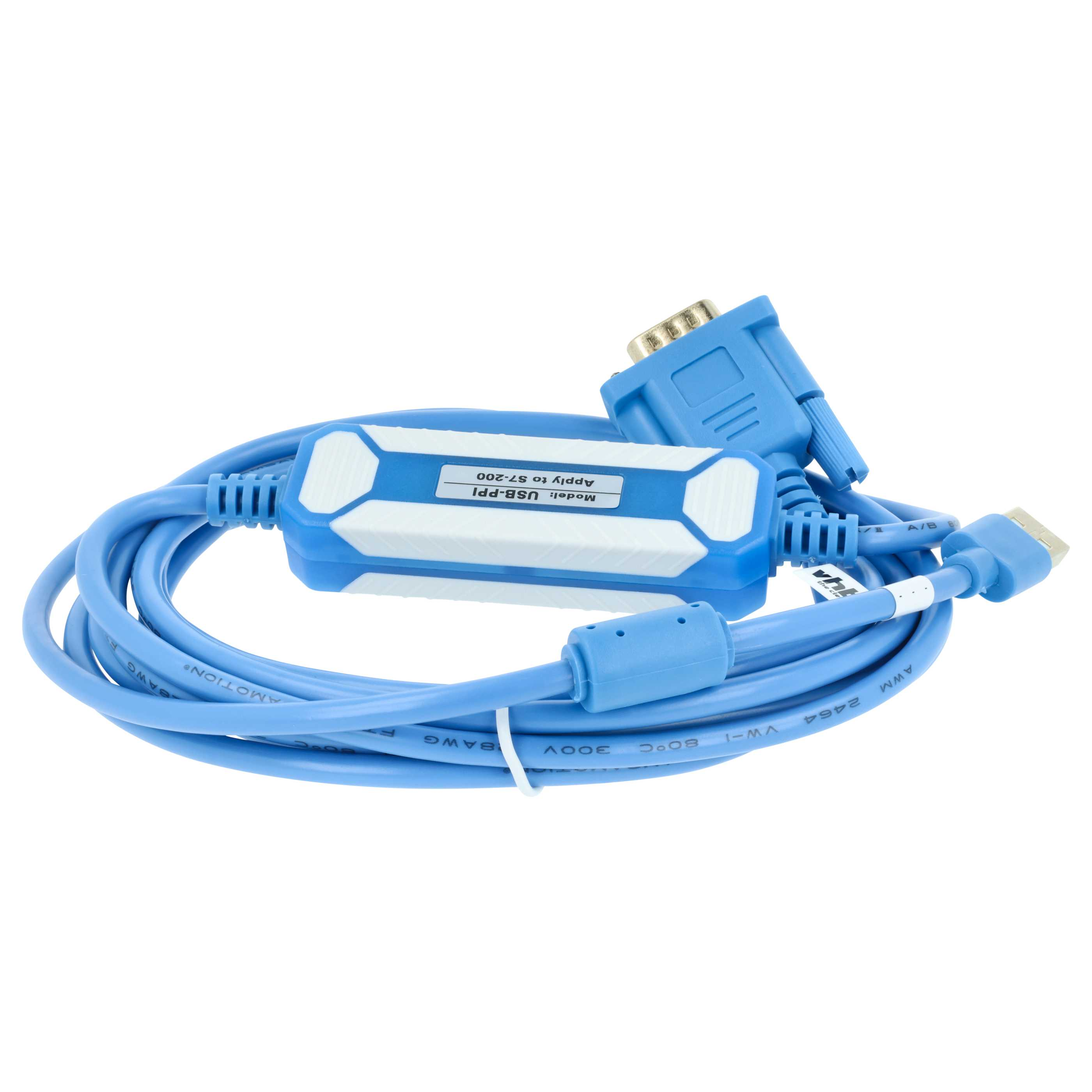 Ein blaues USB-PPI-Kabel mit einem blauen seriellen Stecker und einem USB-Stecker.