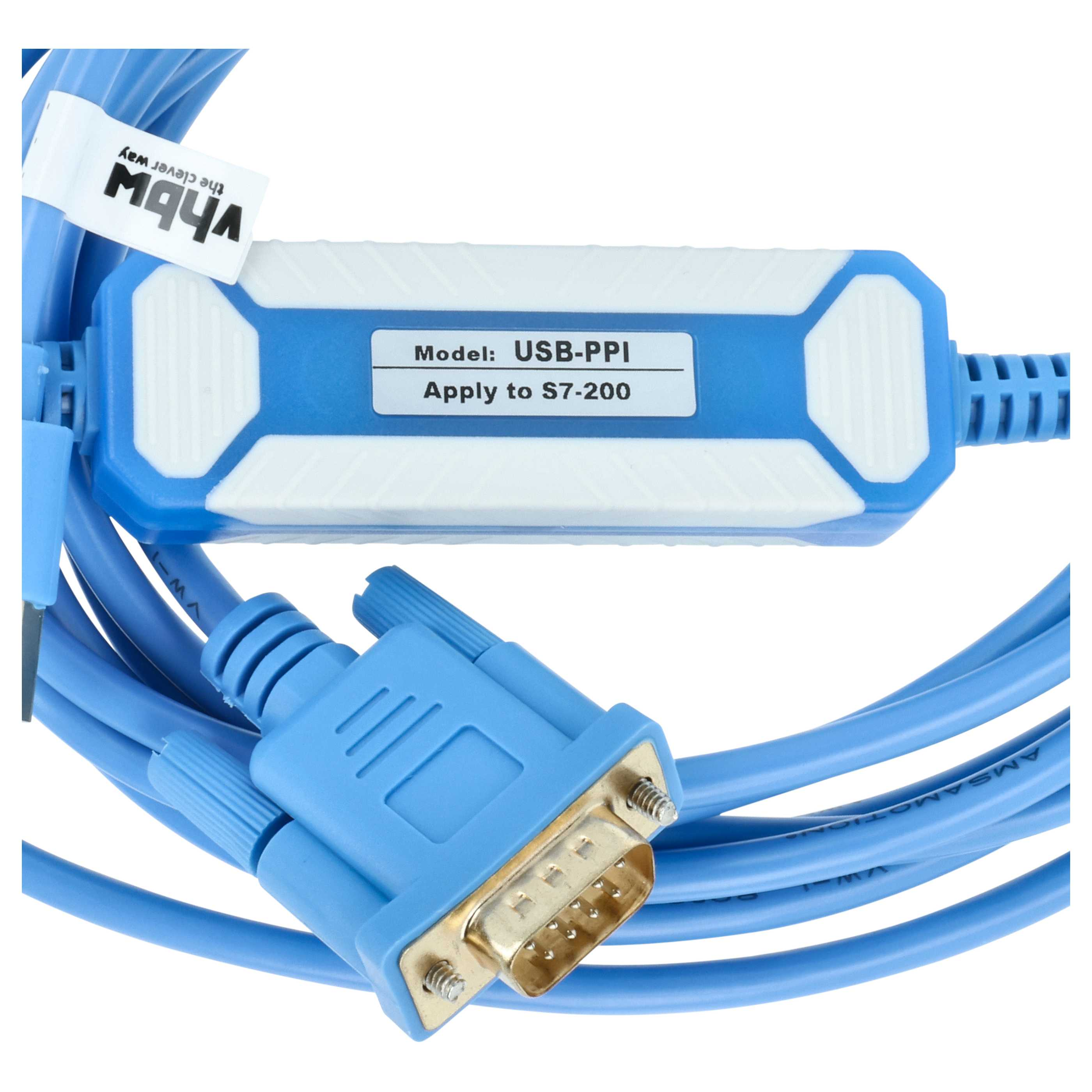 Blaues USB-PPI-Kabel für S7-200 mit VGA-Anschluss und weiß-blauem Gehäuse.