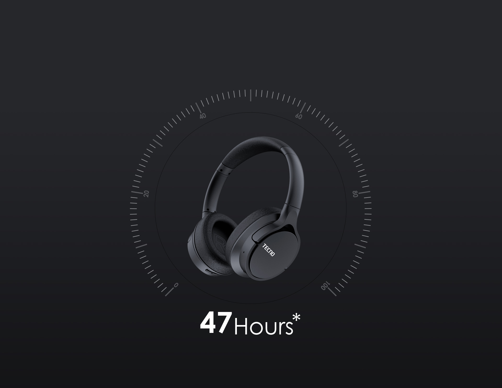 Koyu arka plan üzerinde "47 Hours" yazılı siyah kulaklık.