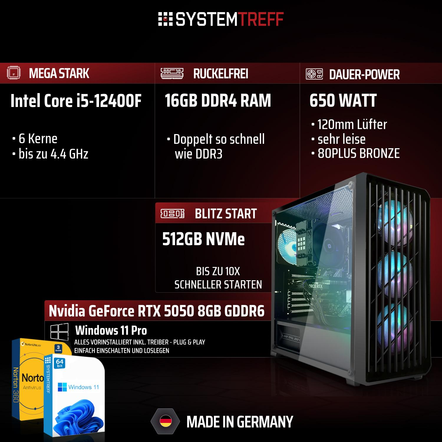 Gaming-PC mit Intel Core i5, 16GB RAM, 650W Netzteil, RTX 5050, 512GB NVMe & Win 11 Pro.