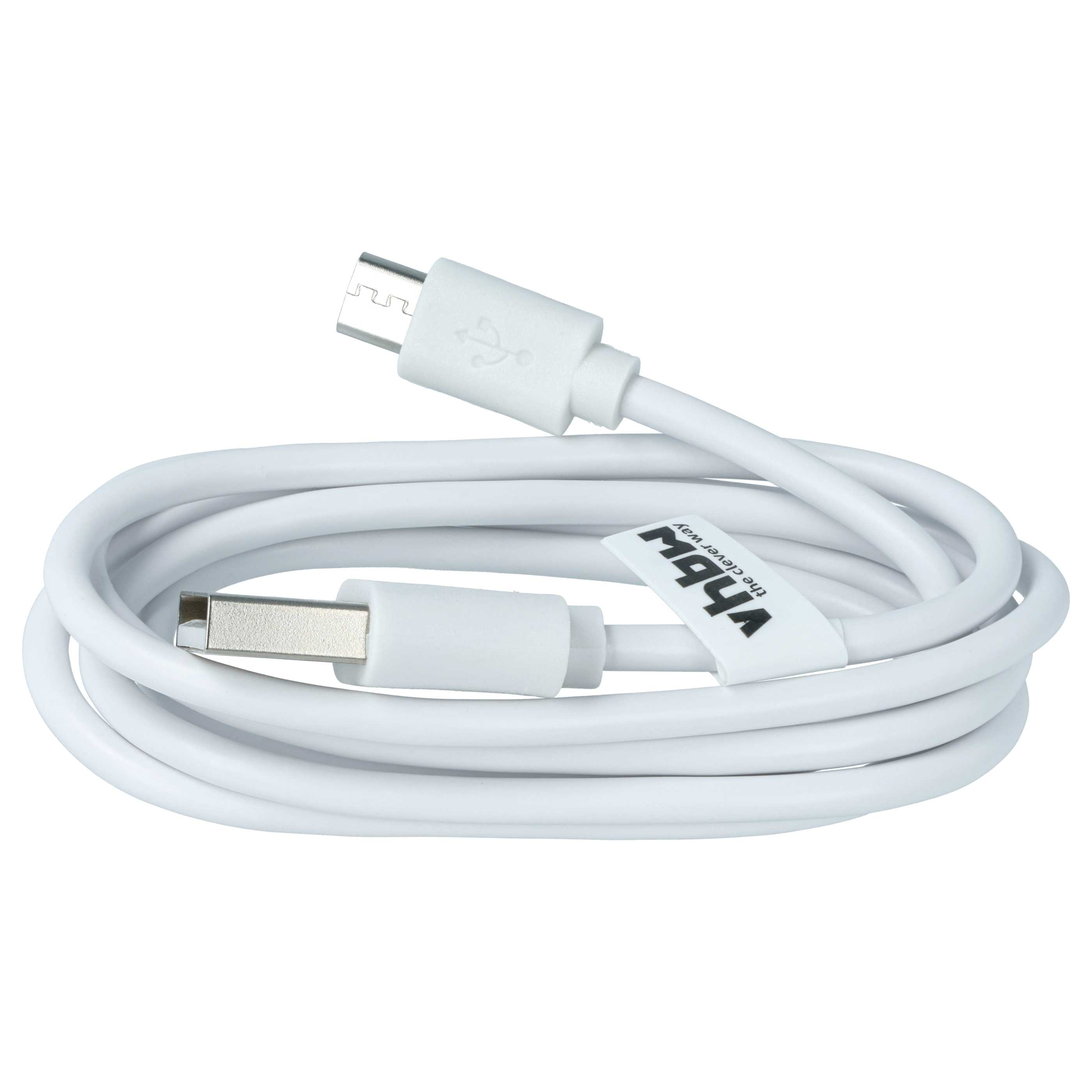 Ein weißes USB-Kabel mit Mikro-USB- und USB-A-Steckern, aufgewickelt.
