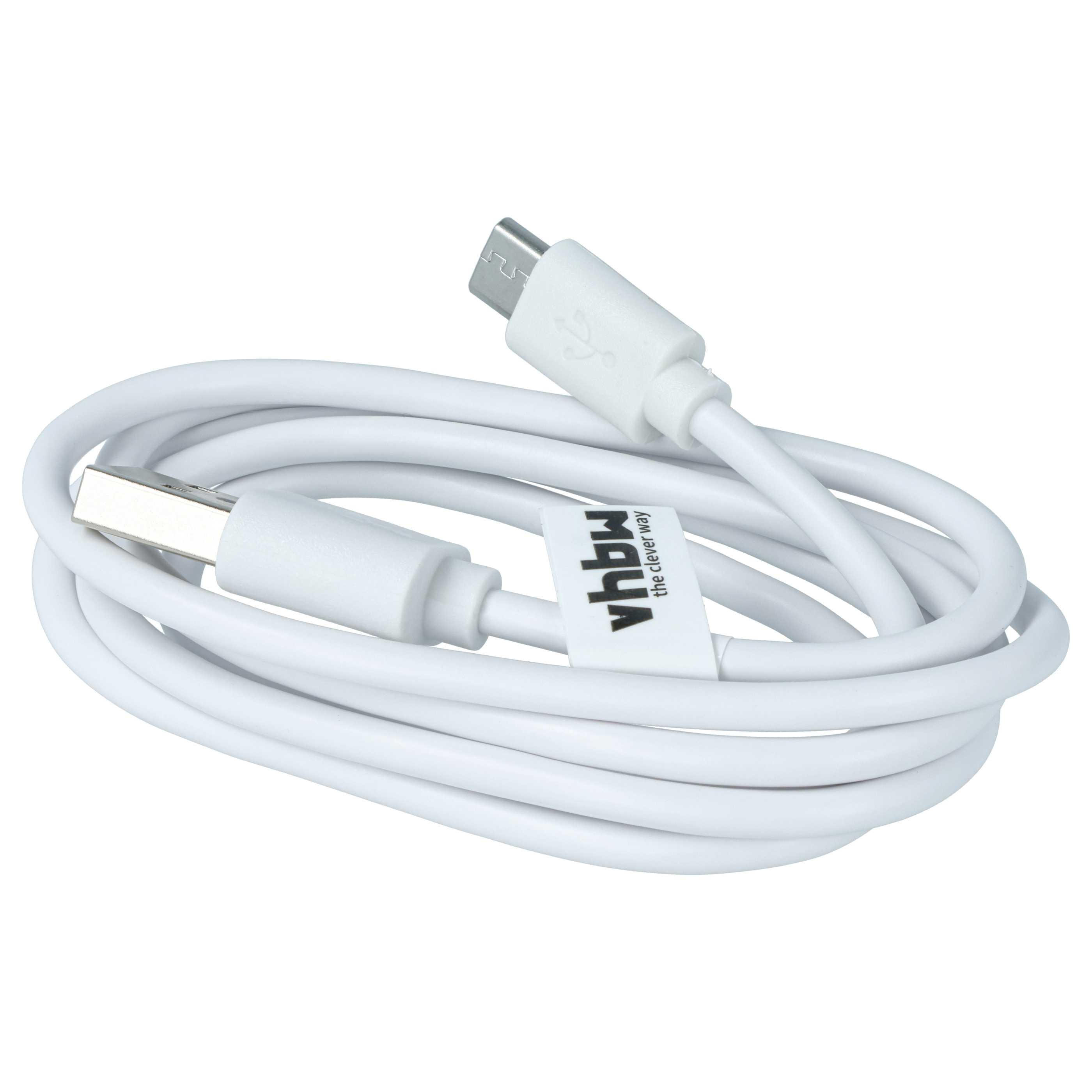 Ein weißes USB-zu-Micro-USB-Kabel, aufgewickelt mit einem Etikett.