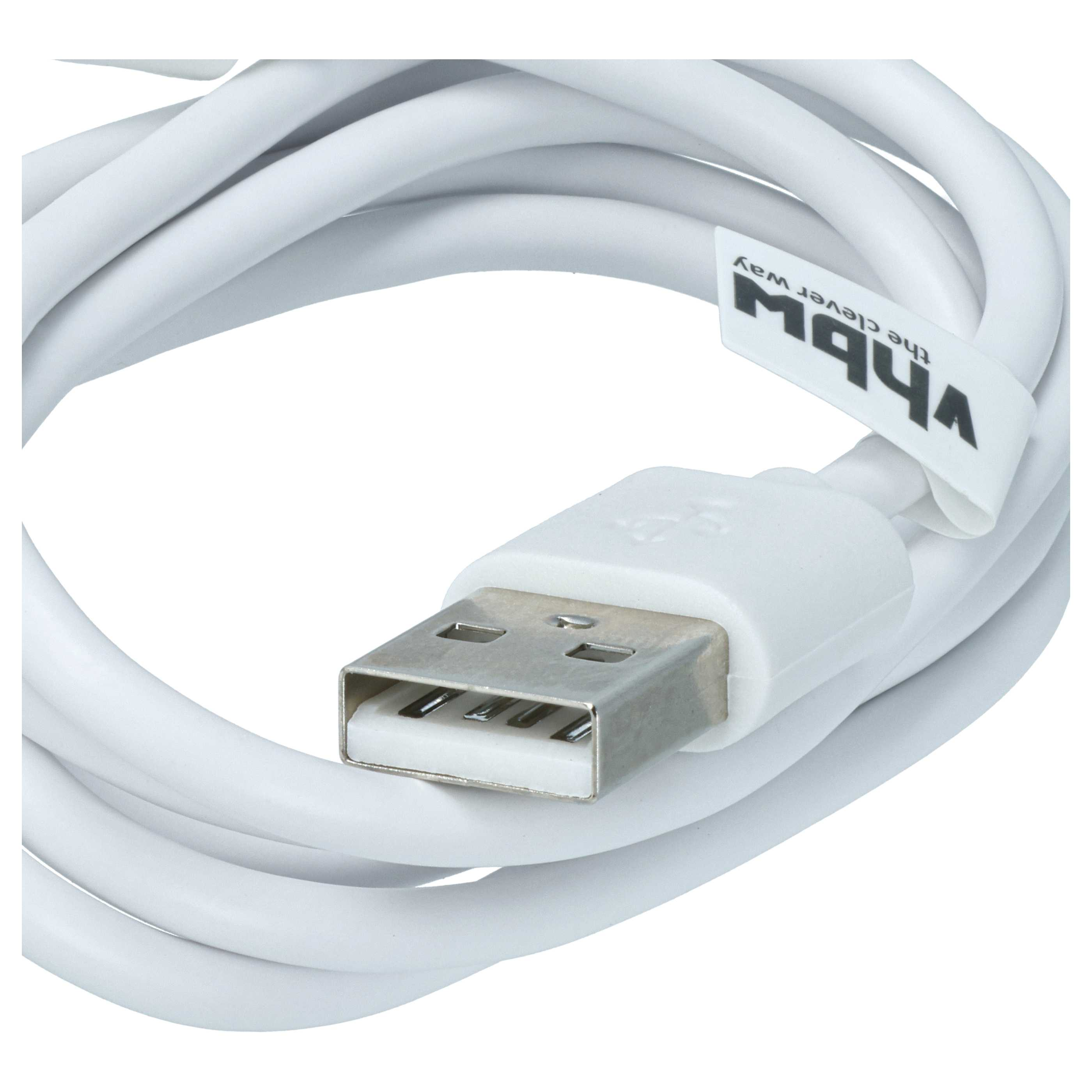 Ein weißes USB-Kabel, aufgerollt, mit einem silbernen Anschluss.