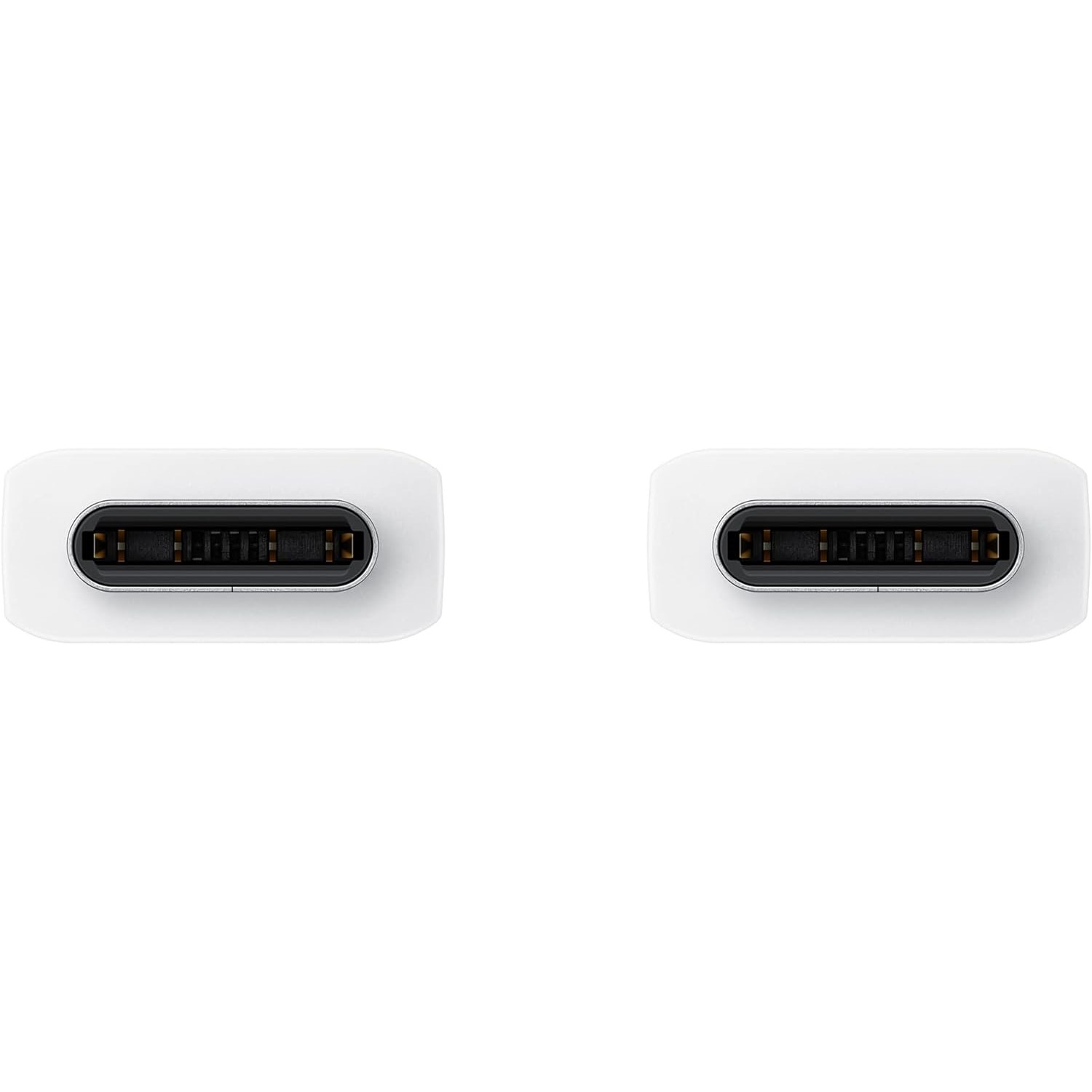 Yan yana duran gümüş pinli iki beyaz USB-C bağlantı noktası.
