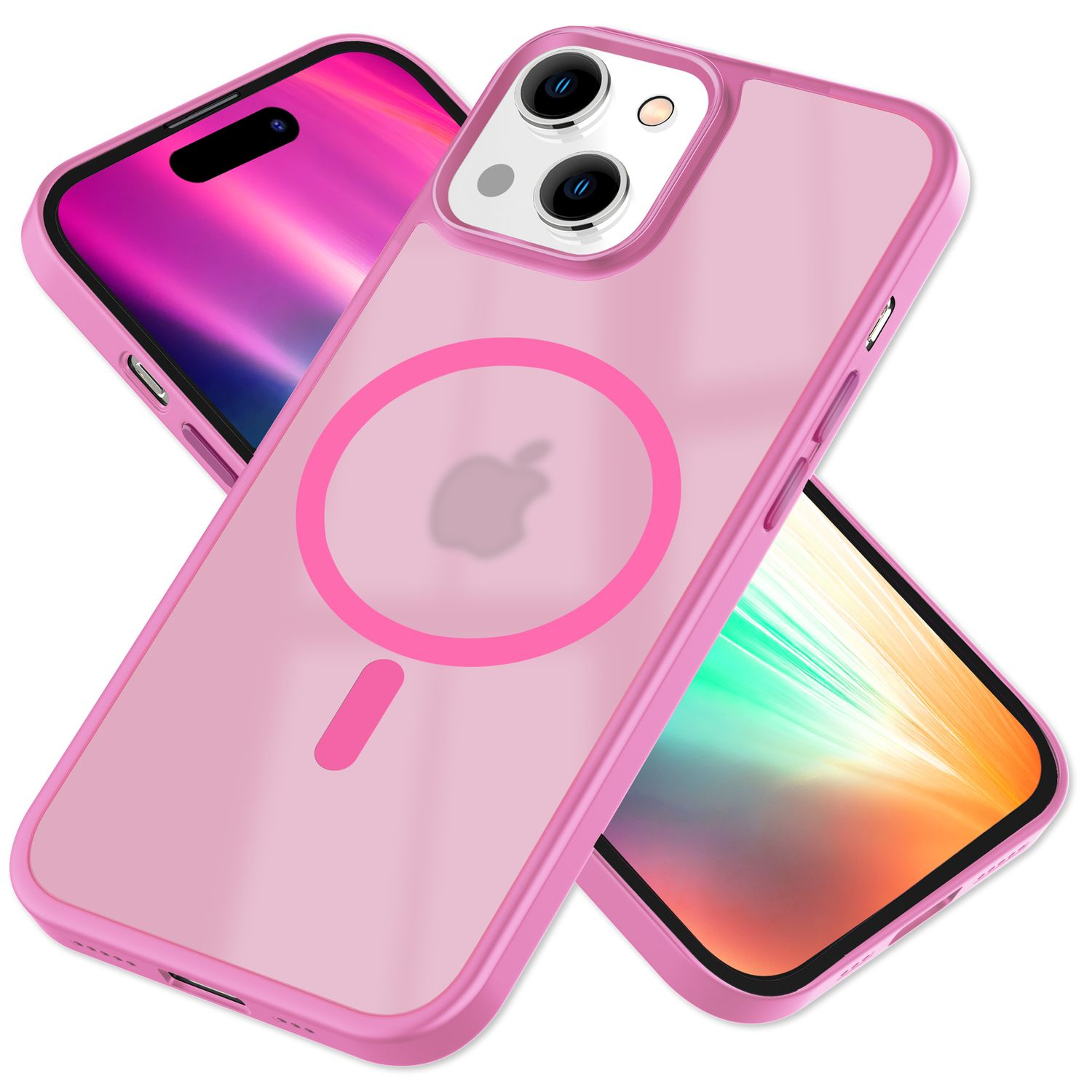 Zwei rosa iPhone-Hüllen mit Apple-Logo-Design, auf weißem Hintergrund.