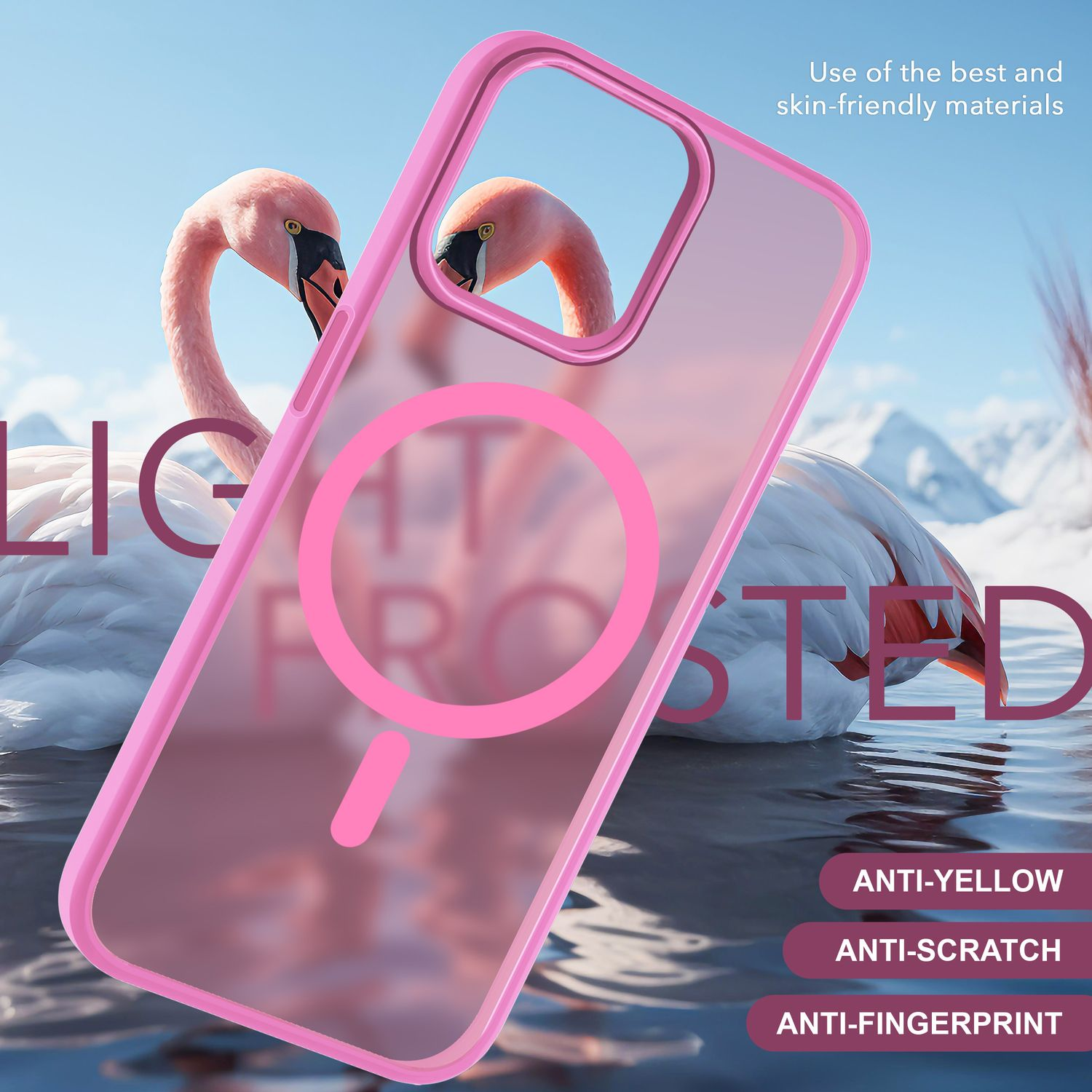 Ein rosa Handyhülle liegt auf Wasser mit Flamingos und Bergen.