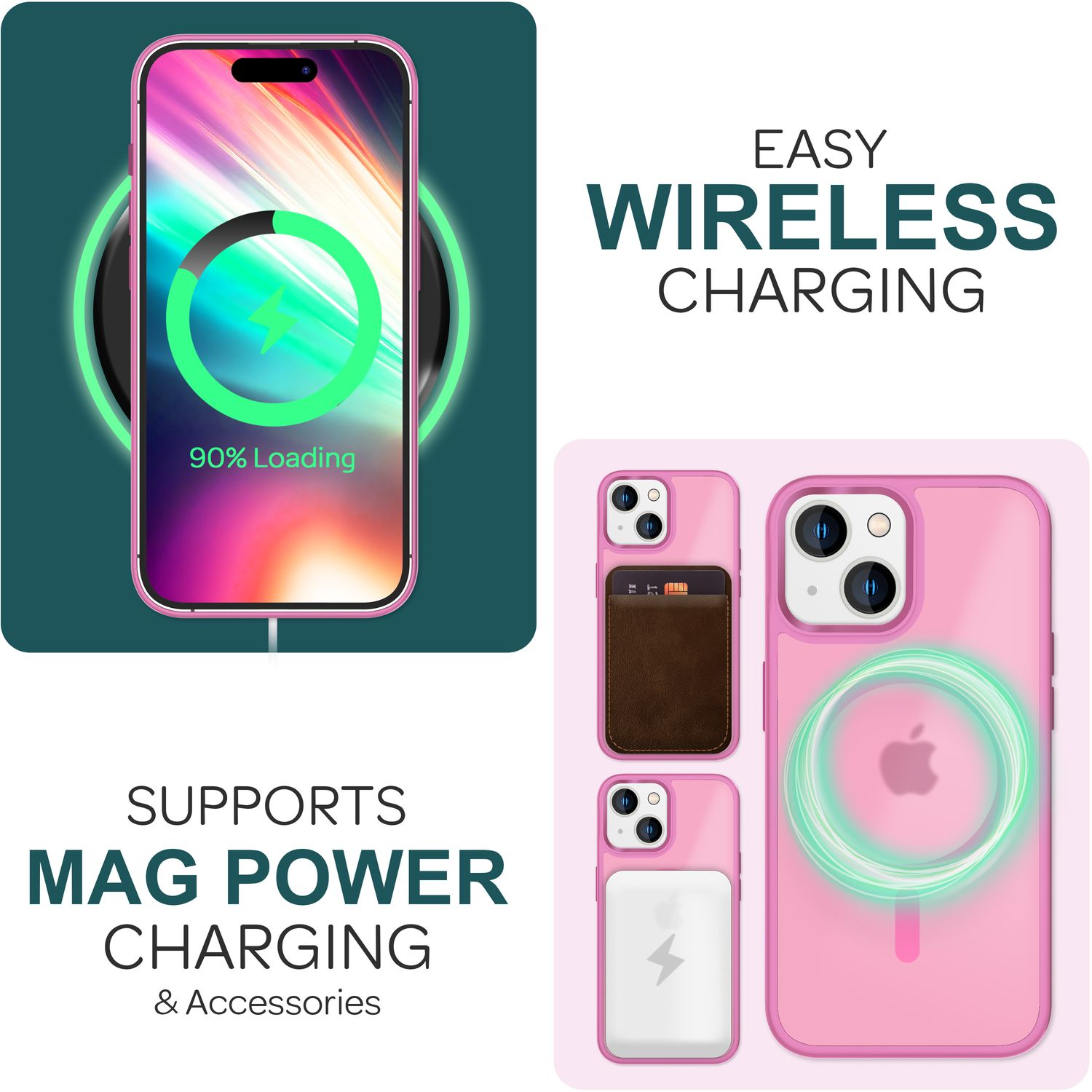 Ein rosa iPhone mit MagSafe-Ladegerät, das zu 90 % geladen ist.