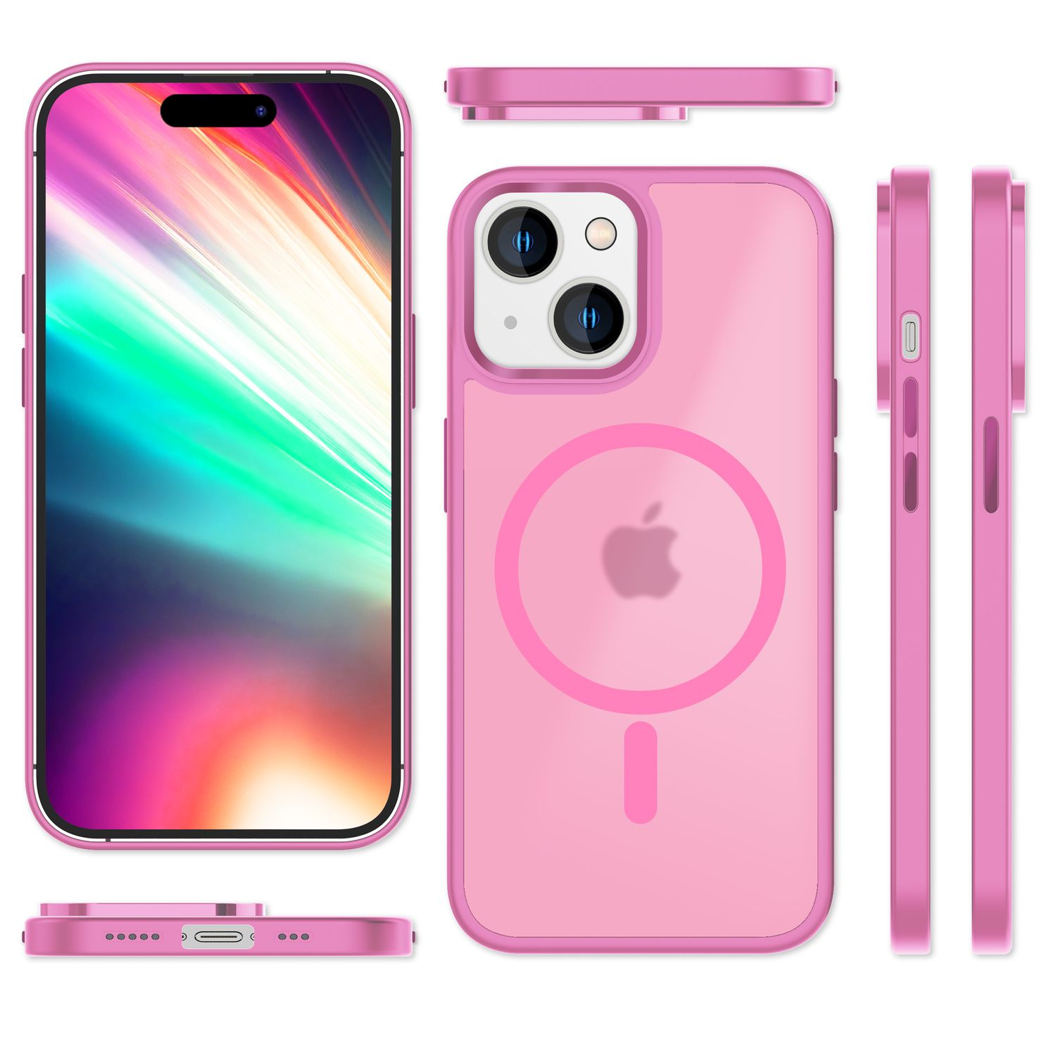 Rosa Hülle mit MagSafe-Kreis und Apple-Logo auf einem Telefon.