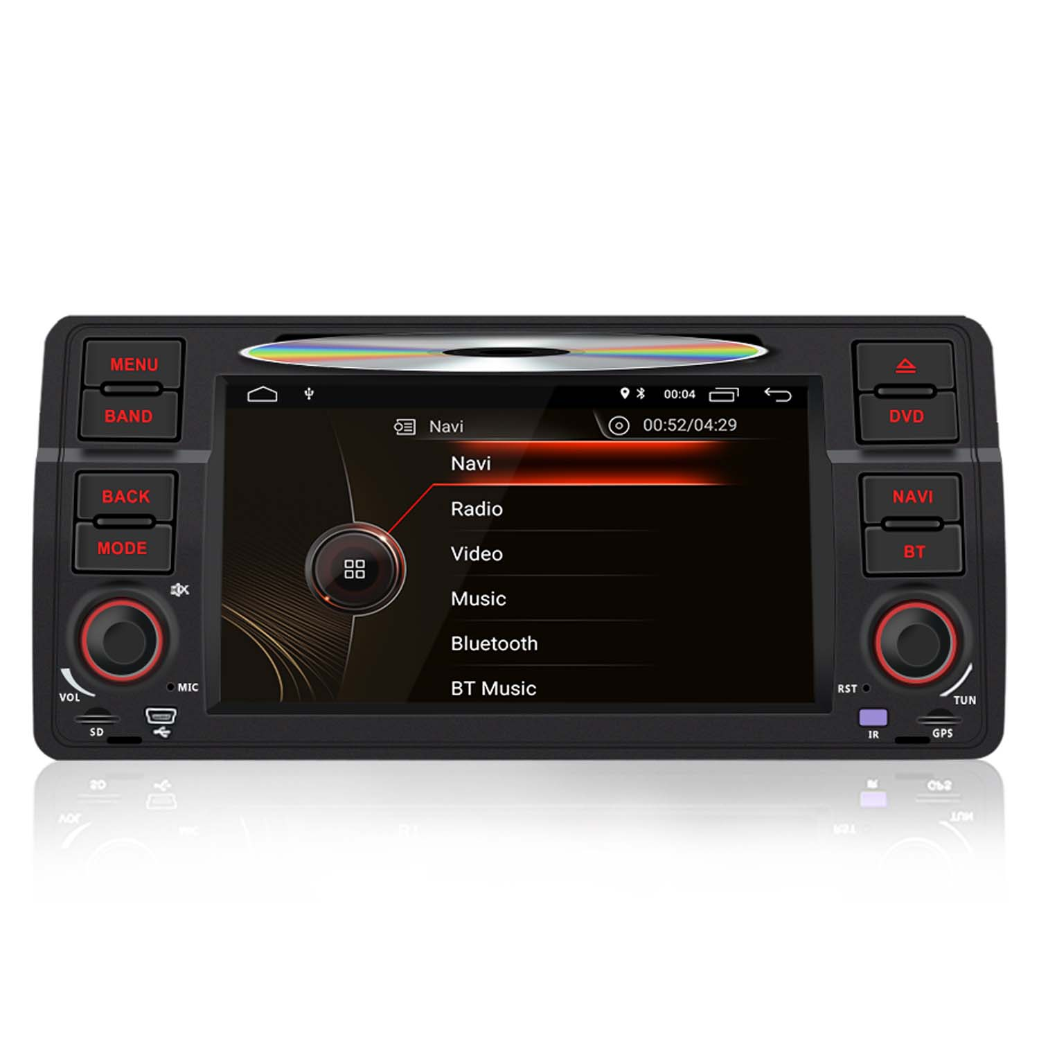 Ein Auto-Infotainmentsystem mit Touchscreen und physischen Tasten.