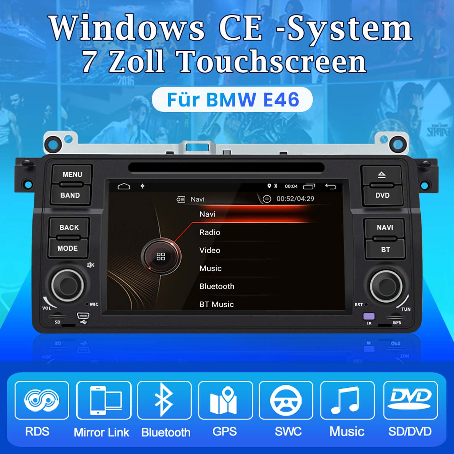 Ein Autoradio-Touchscreen mit Menüoptionen wie Navi, Radio und Musik.