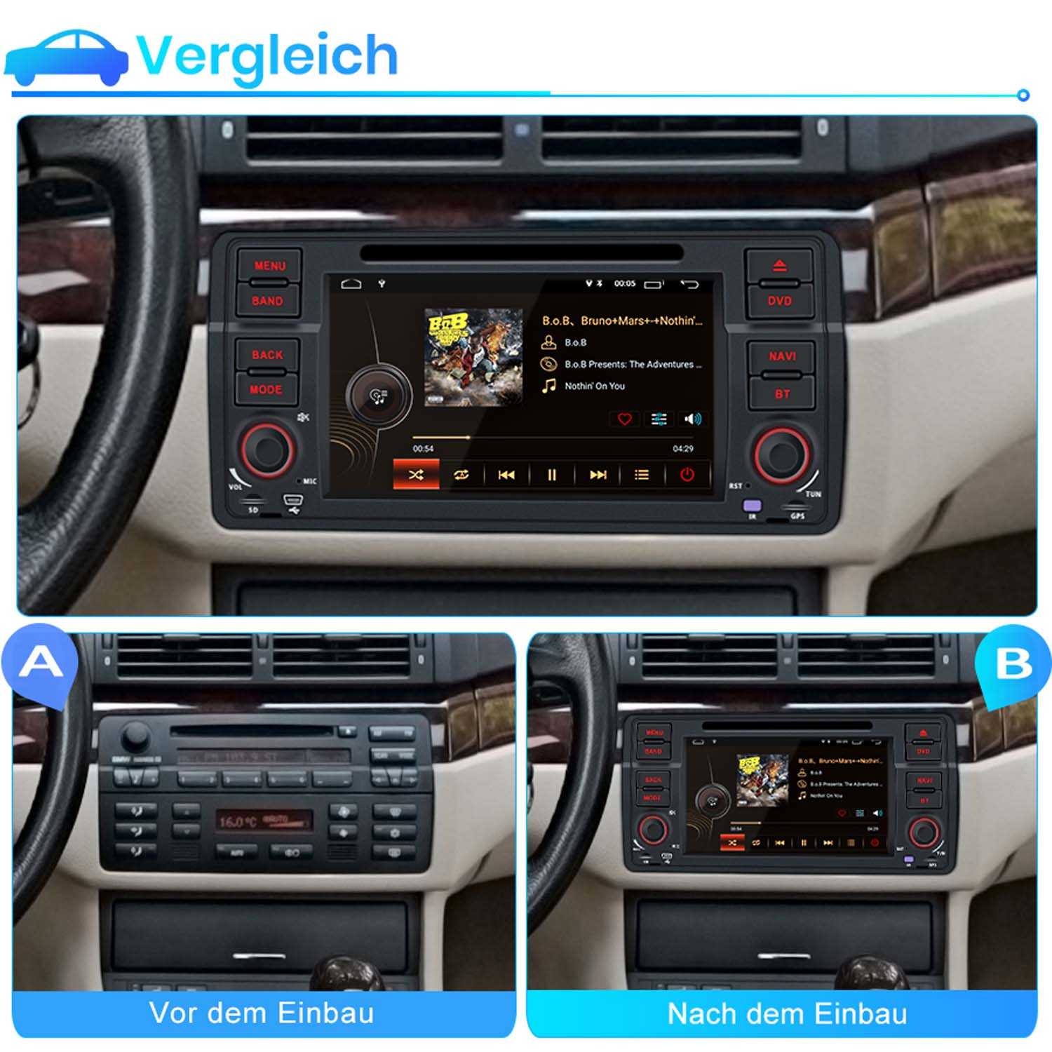 Vergleich von Auto-Radios: Vor und Nach dem Einbau eines neuen Geräts.