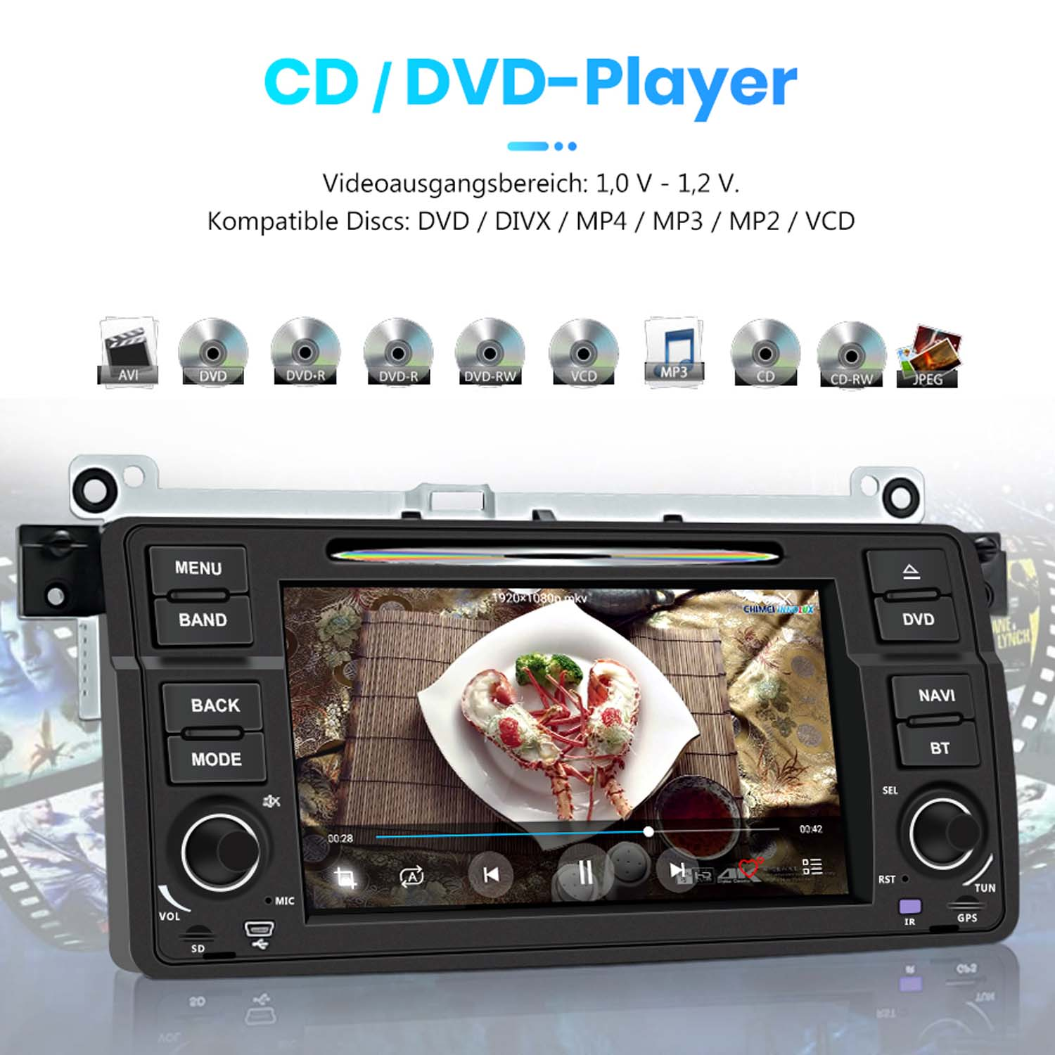 Ein Autoradio-DVD-Player mit Bildschirm, der einen Film abspielt. Oben sind Disc-Symbole.