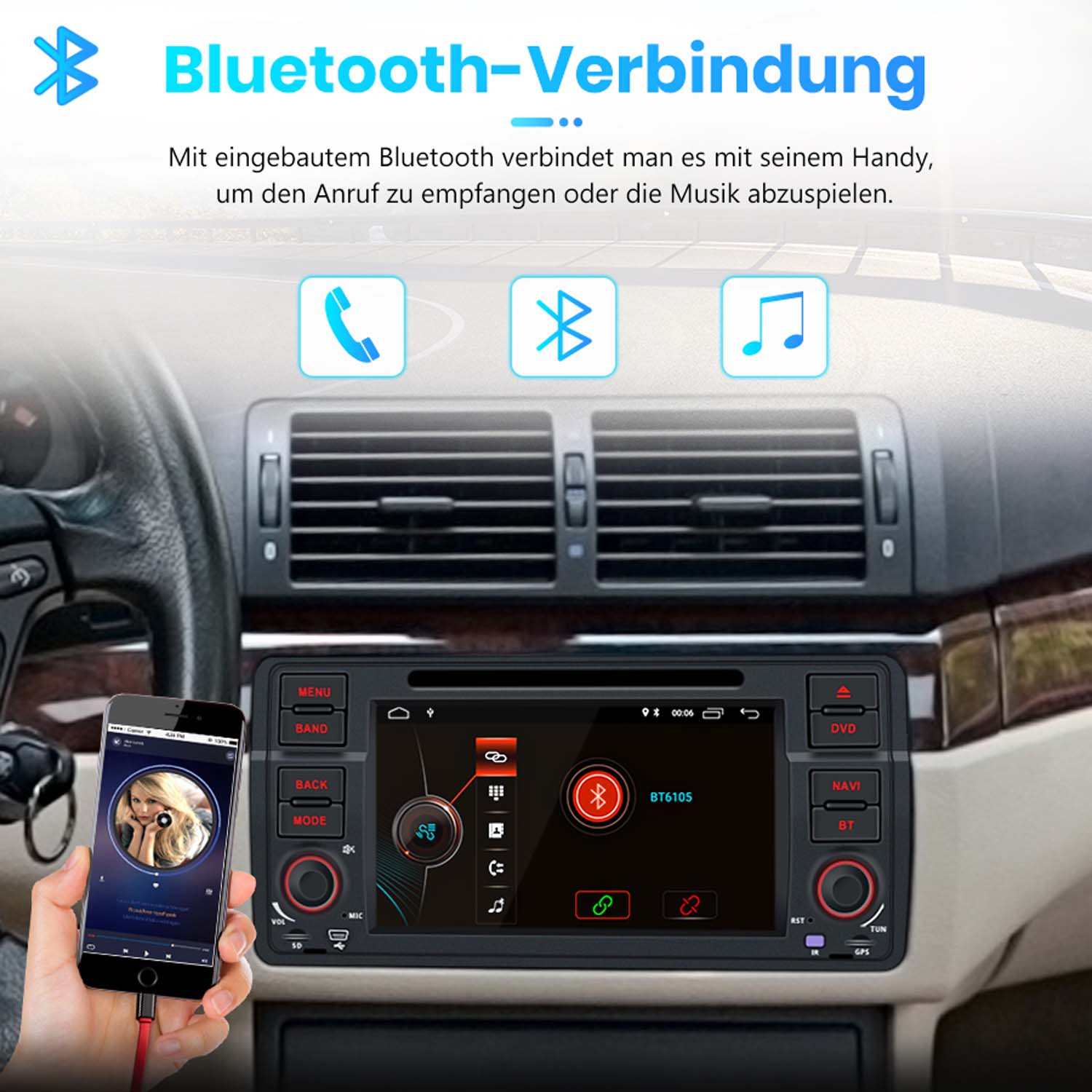Ein Smartphone ist über ein rotes Kabel mit dem Autoradio verbunden. Icons zeigen Anruf, Bluetooth und Musik.