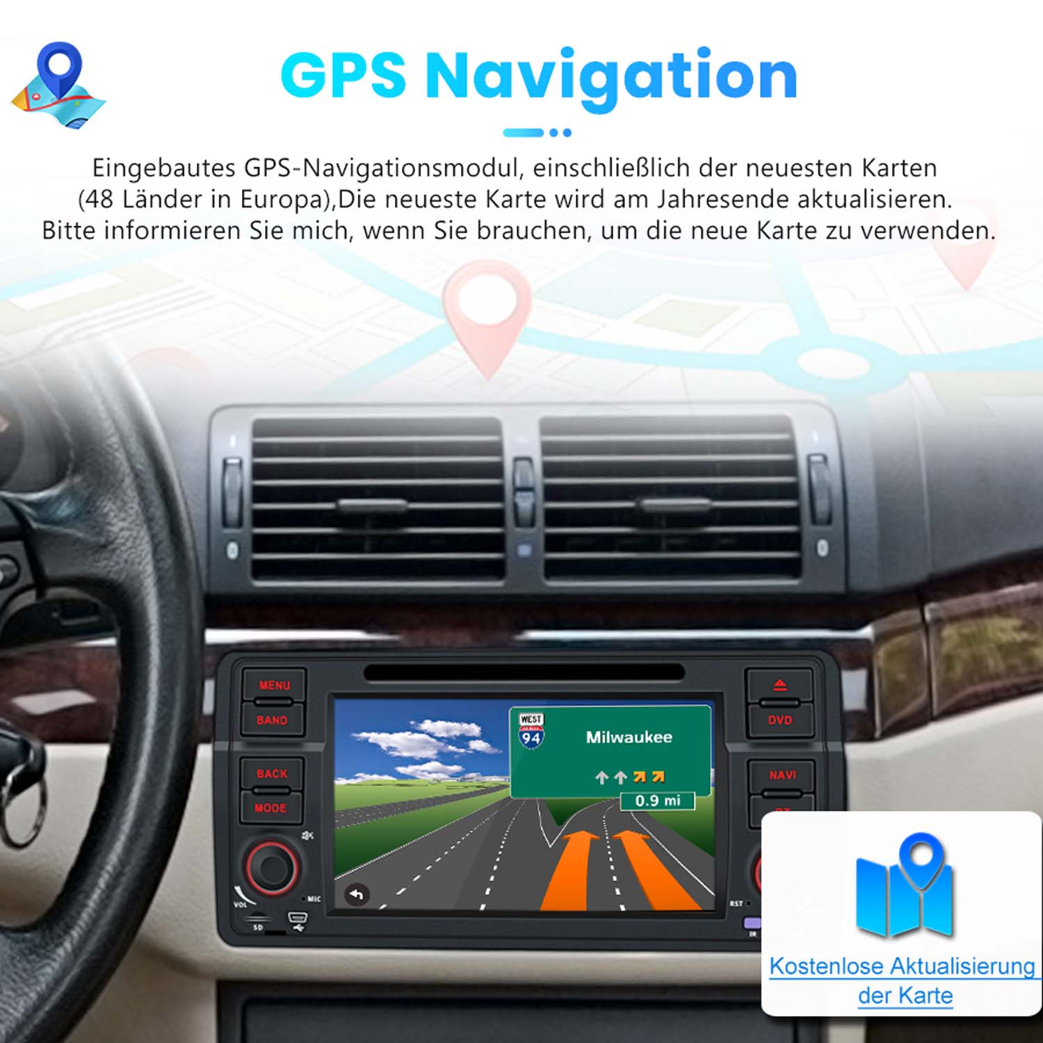 GPS-Navigationssystem im Auto mit Karte von Milwaukee, USA.