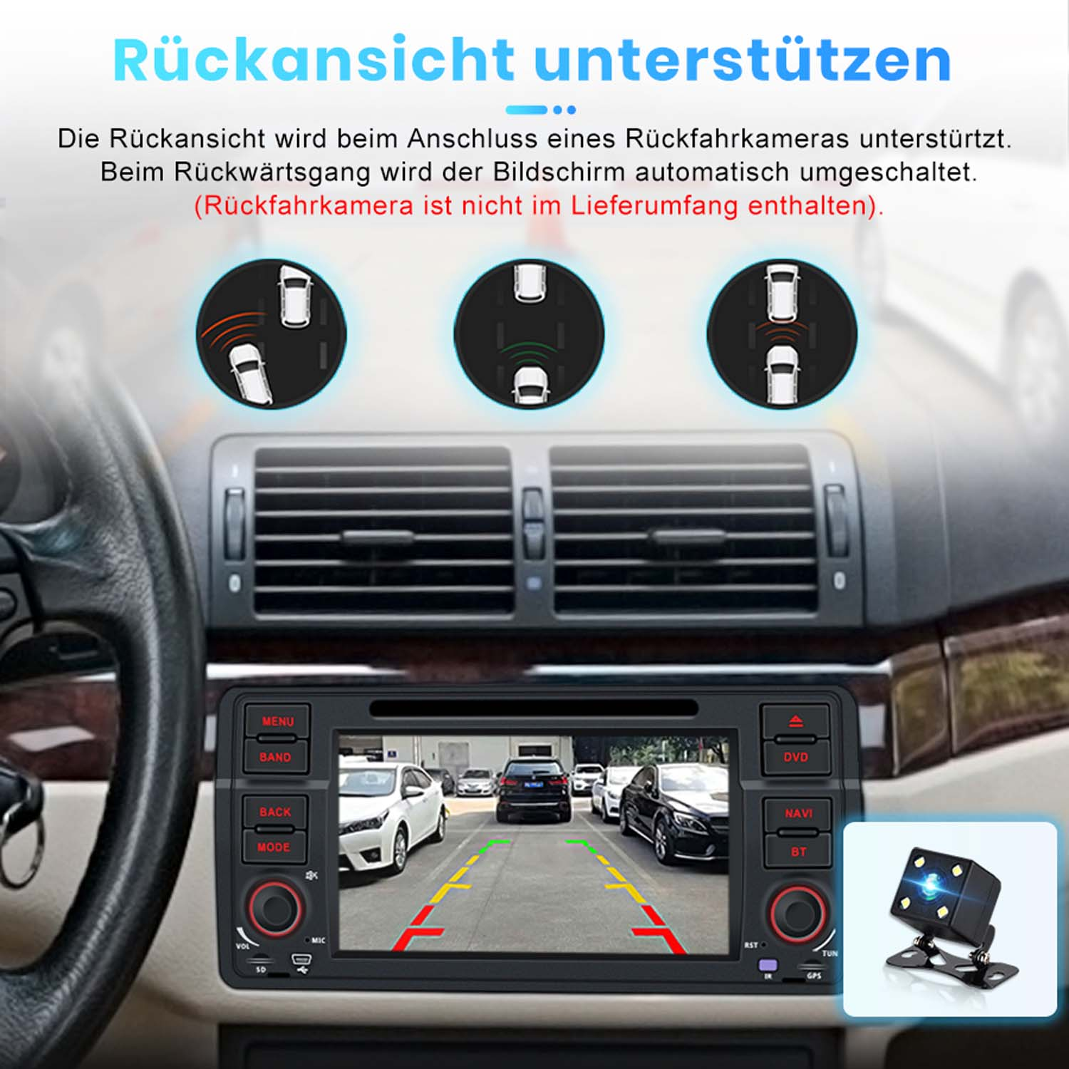 Autoinnenraum mit Navigationssystem, das eine Rückansicht zeigt.